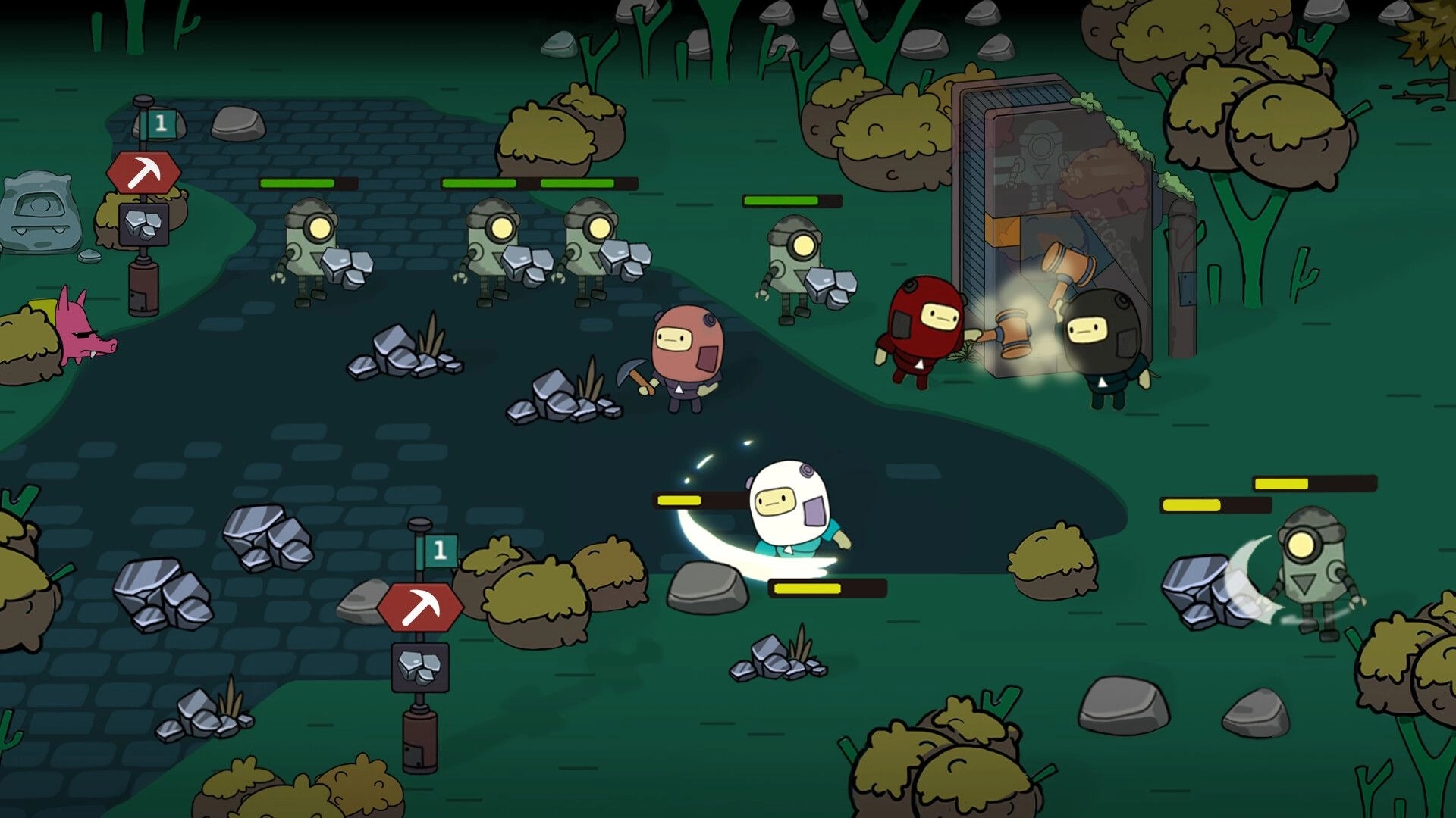 SuperWEIRD: Rusty robots mining in a forest with characters directing tasks using flags and tools.