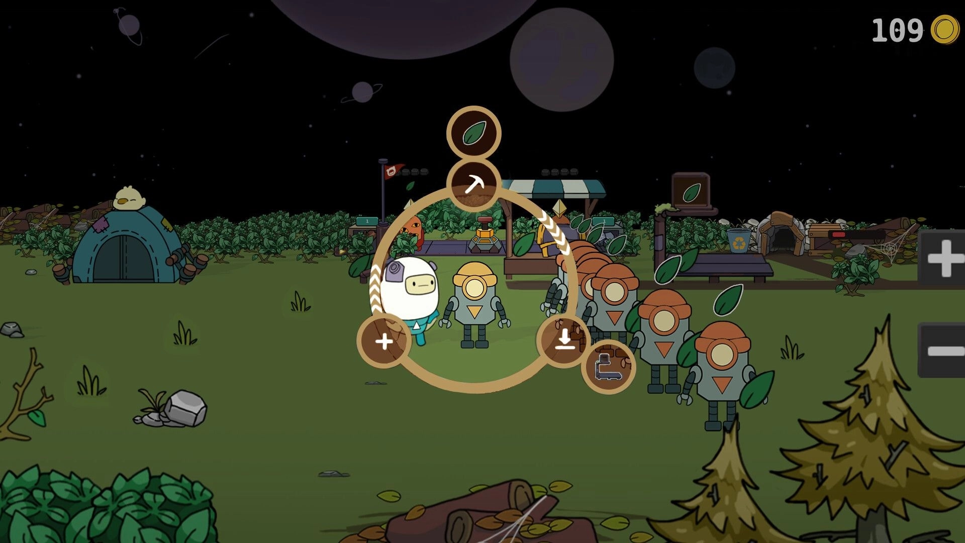 SuperWEIRD: Command wheel menu directs rusty robots in a grassy area under a starry night sky.