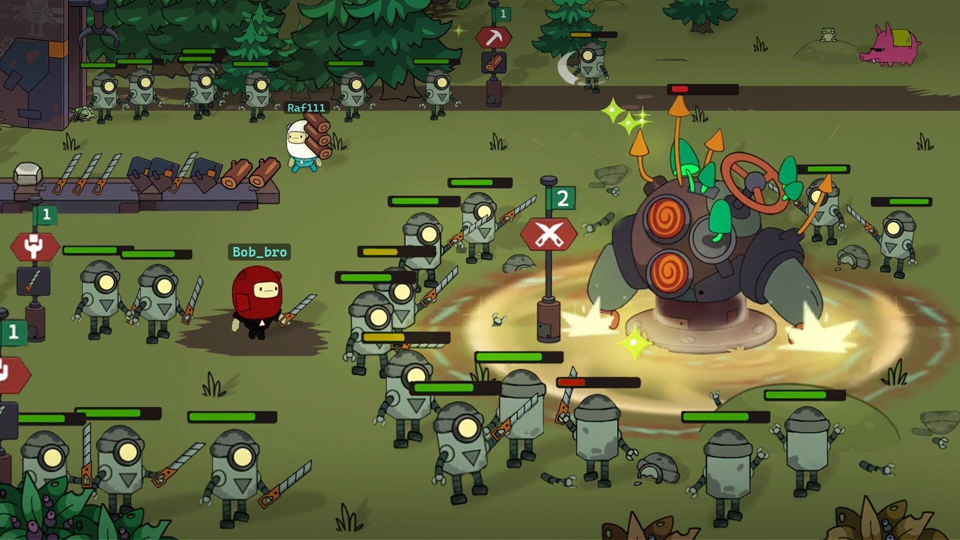 SuperWEIRD: Robots with saws attack giant machine in forest, led by Bob_bro and Raf111 strategizing.