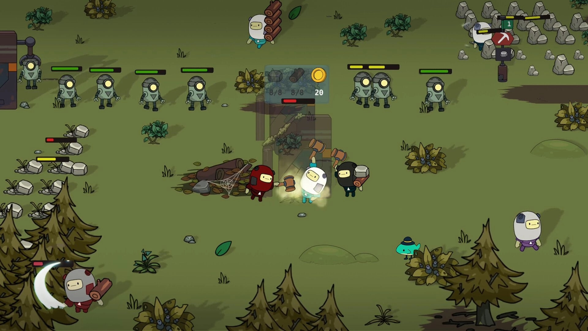 SuperWEIRD: Robot assembly line as characters manage tasks in a forest clearing with scattered rocks.