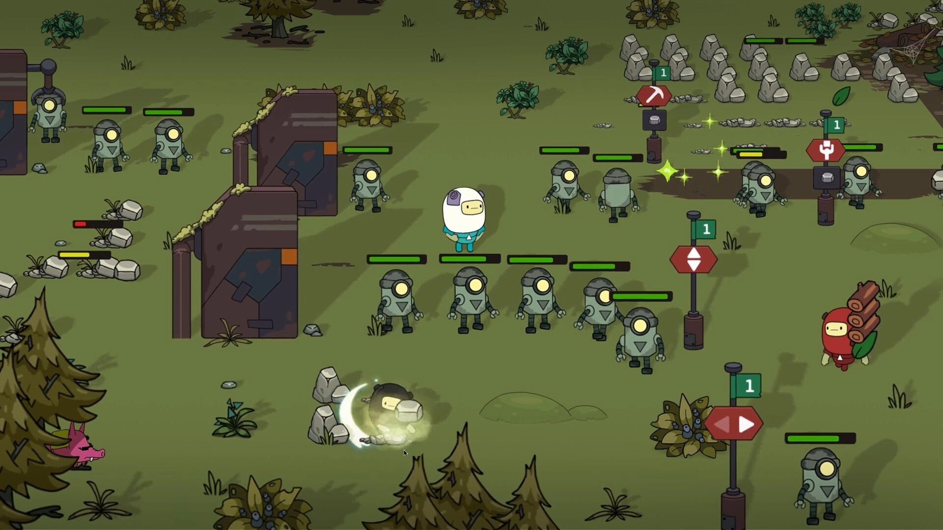 SuperWEIRD: Rusty robots and character follow flags in a grassy area with rocks and trees scattered around.