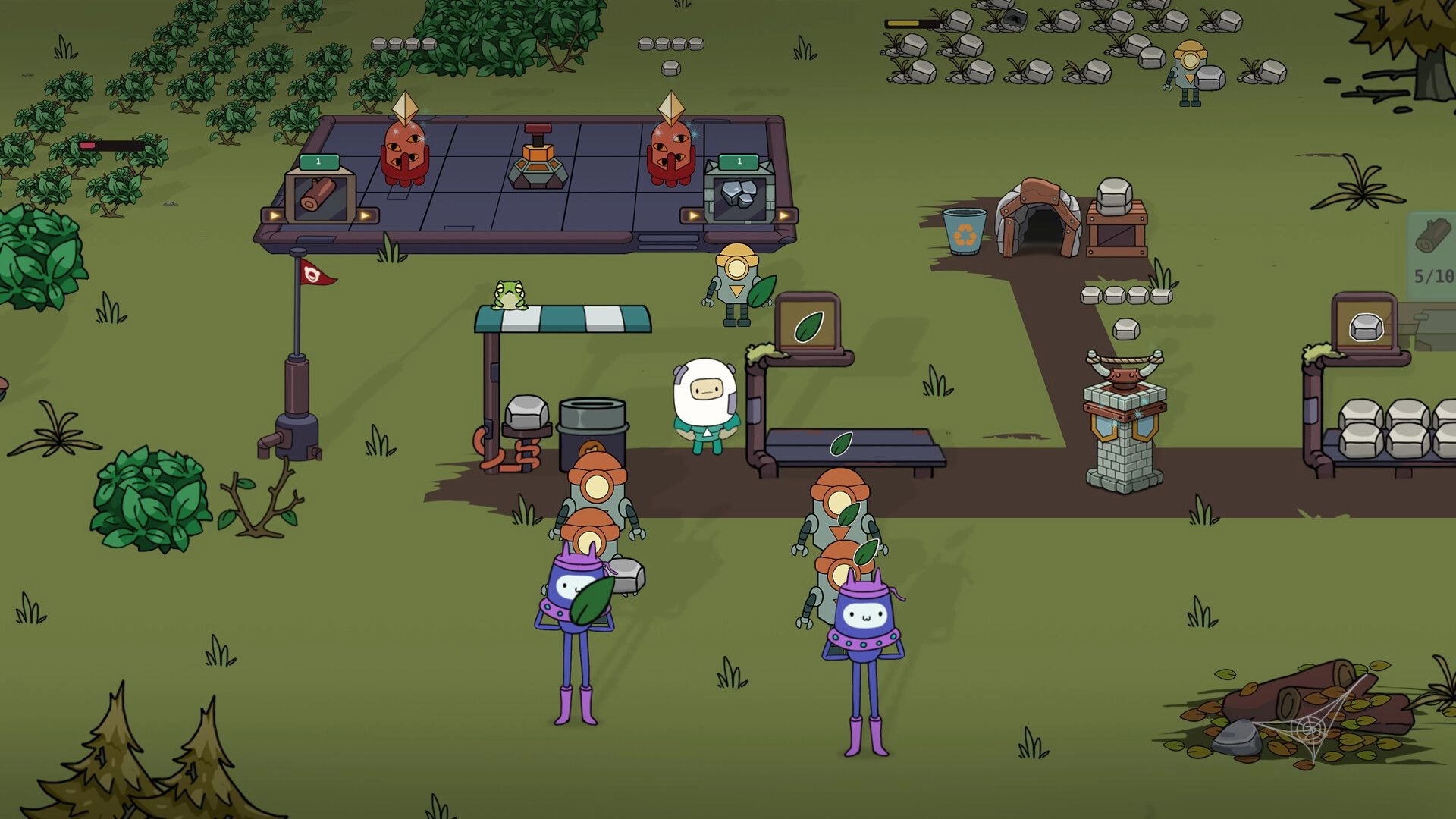 SuperWEIRD: Robots carry leaves near task flags in a grassy field with scattered resources and items.