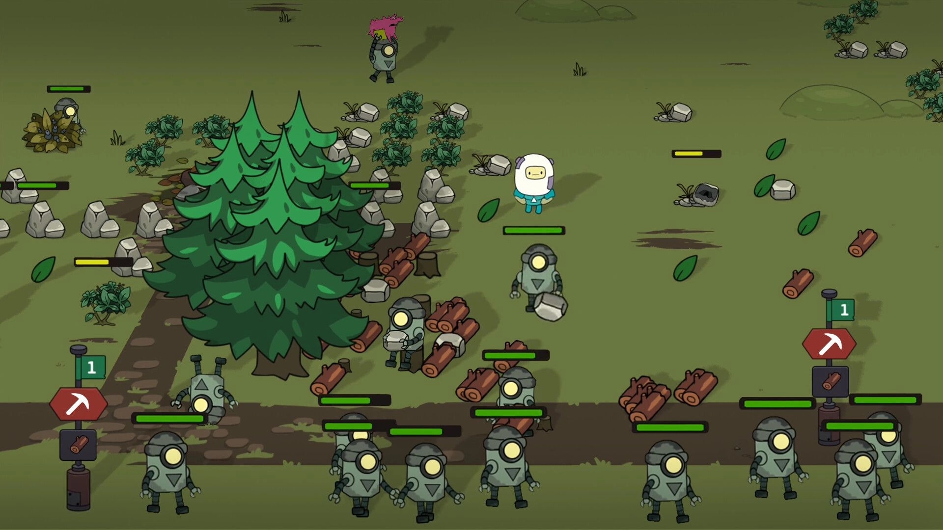 SuperWEIRD: Rusty robots and character gather resources near trees and rocks with flag task markers.