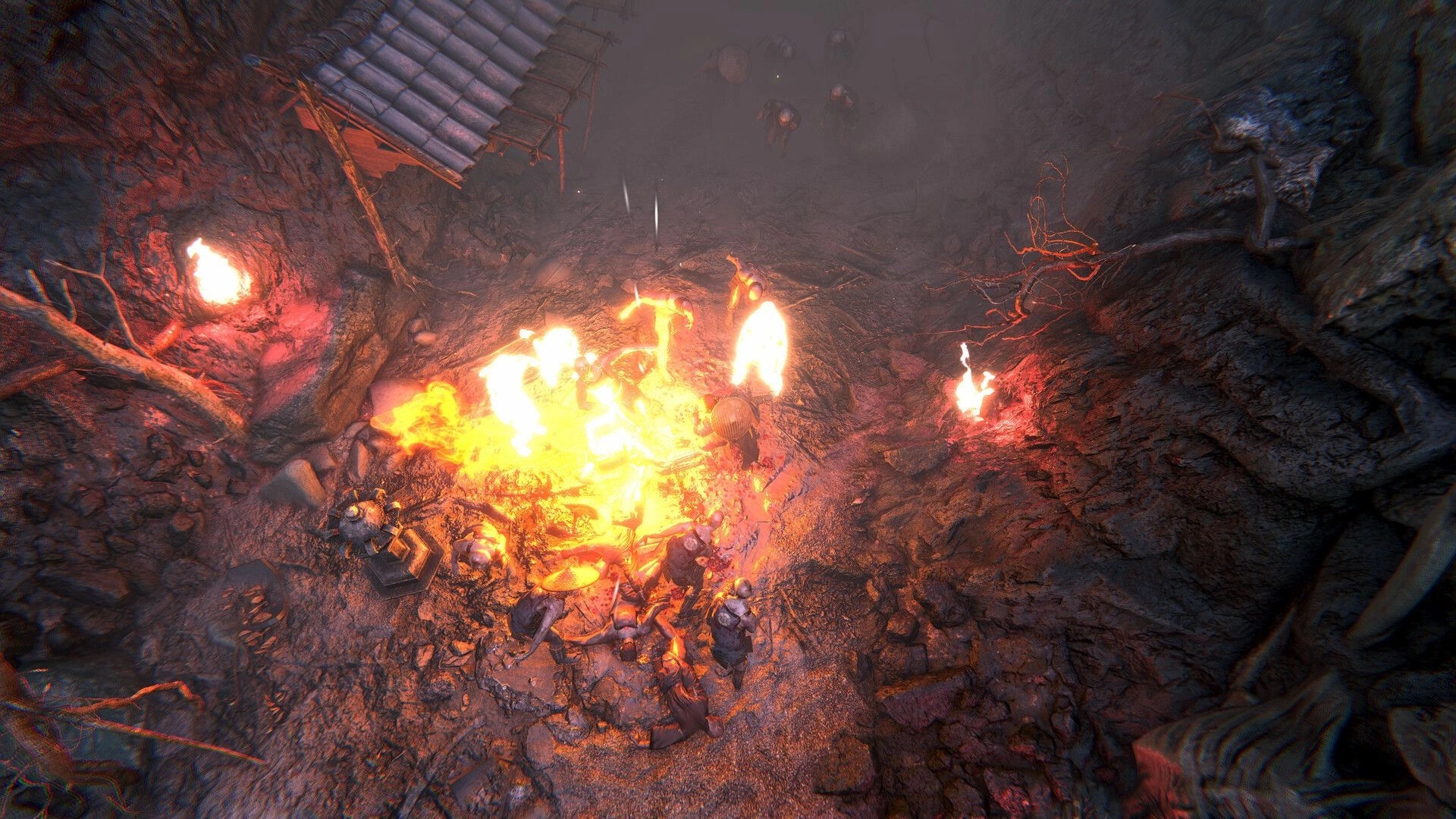 SURA: Samurai battles armored foes amid blazing fire in a rocky ravine, viewed from above in fog.