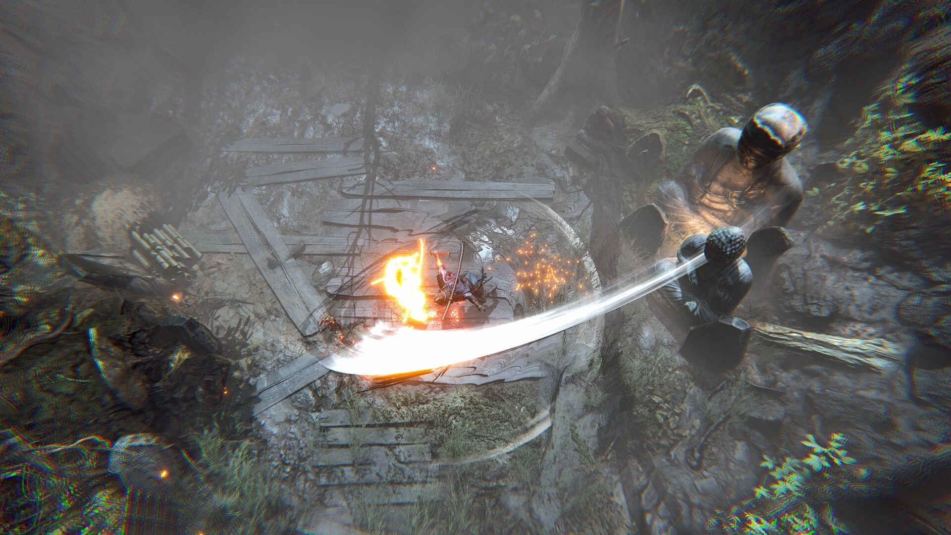 SURA: Samurai dodges a giant sword sweep amid sparks on a misty forest platform of broken planks.