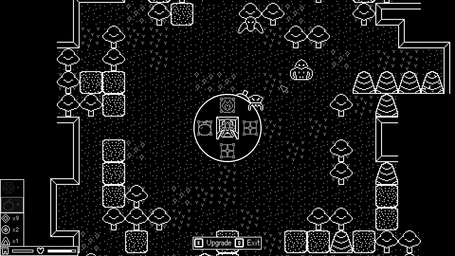 Surface Breaker: Top-down view of spaceship defense with upgrade menu in pixelated forest environment