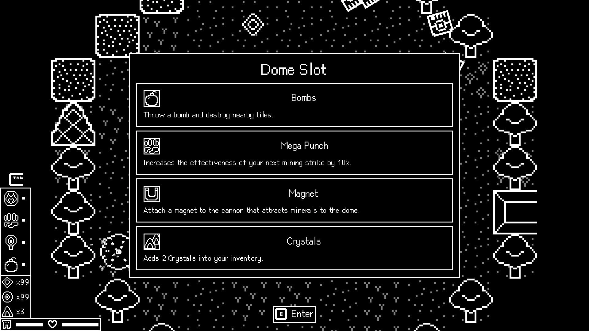 Surface Breaker: Dome Slot upgrade menu with options for Bombs, Mega Punch, Magnet, and Crystals