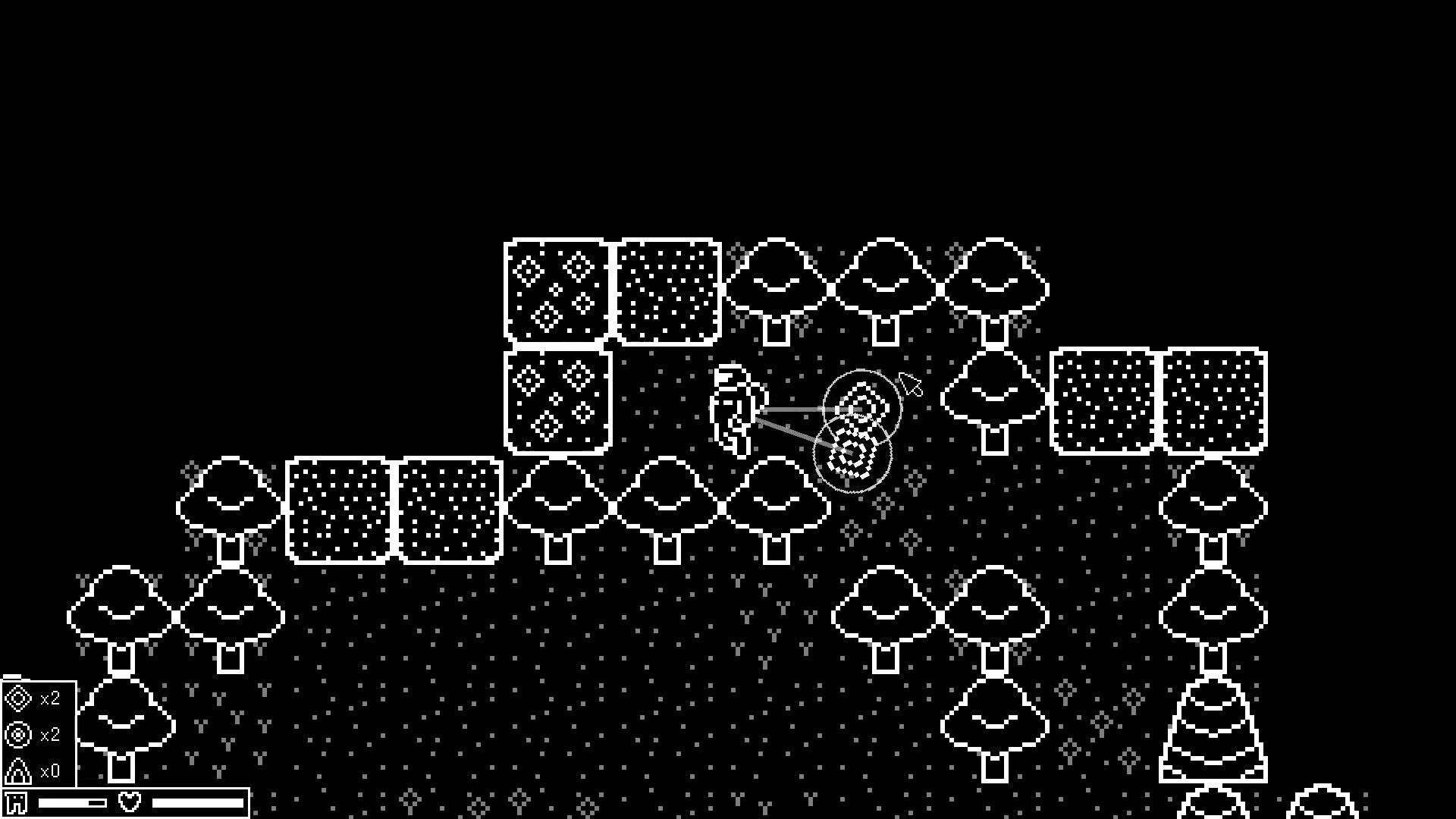 Surface Breaker: Player mining near trees with resource icons and health bar in pixelated landscape