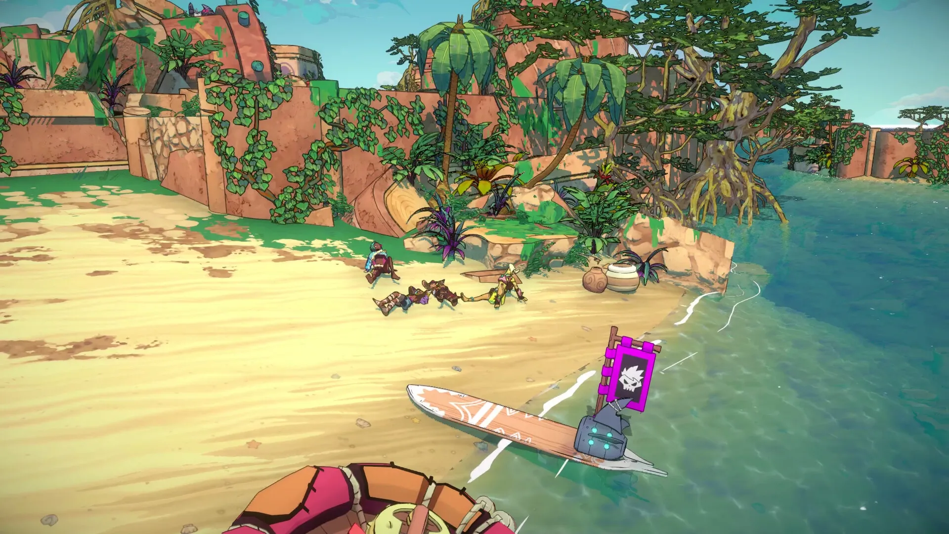 Surfpunk: Three Raiders sprinting on a tropical beach with lush jungle and ruins in the background.