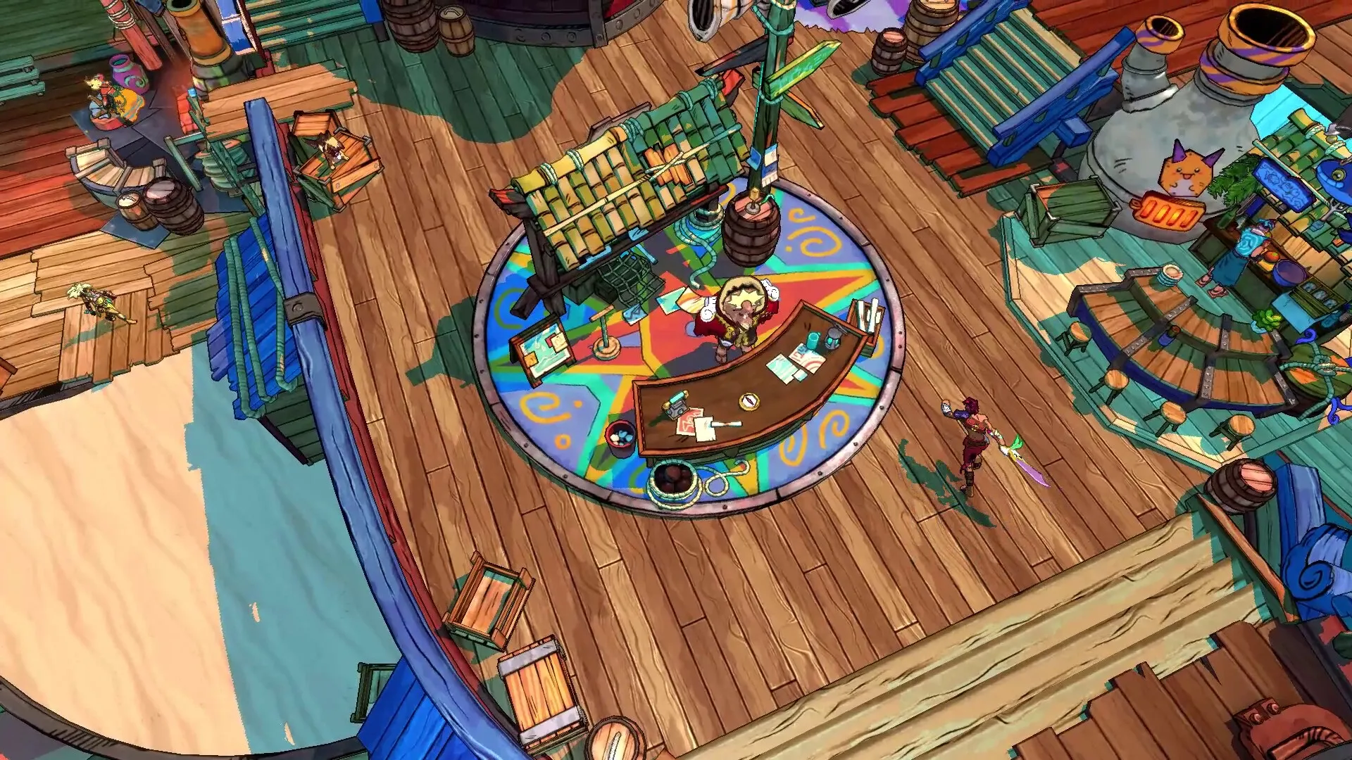 Surfpunk: Overhead view of bustling market with characters interacting on wooden deck near colorful stalls