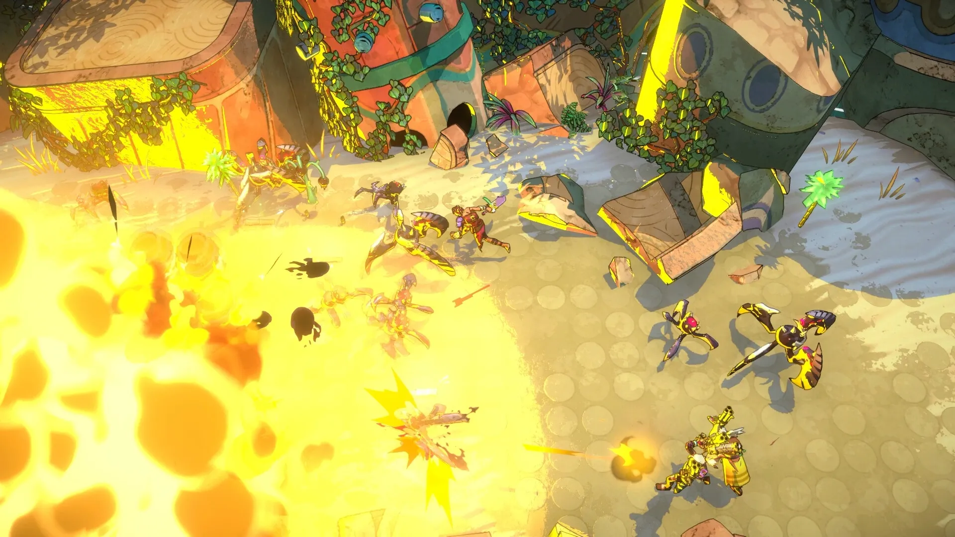 Surfpunk: Explosive combat with Raiders battling enemies near colorful, vine-covered ruins on the beach.