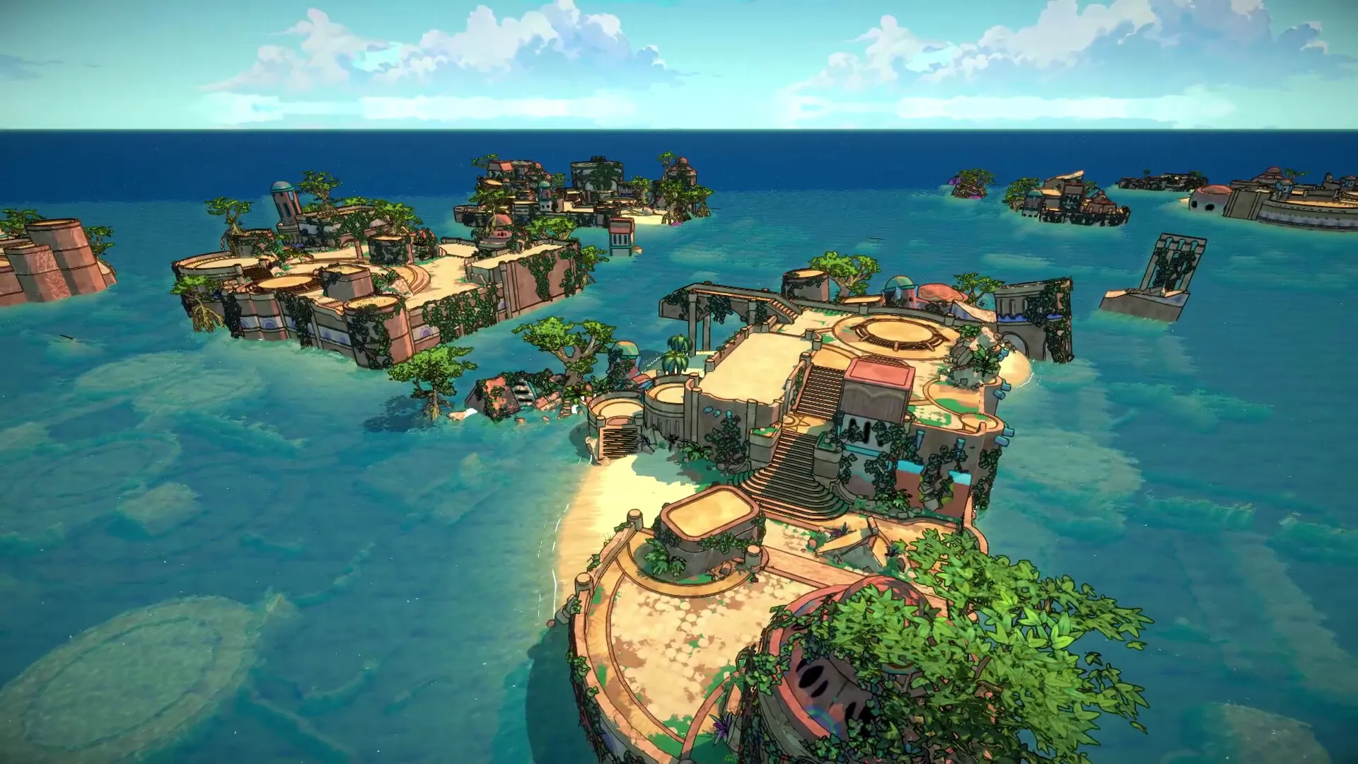 Surfpunk: Aerial view of vibrant, interconnected islands with lush greenery and ancient ruins in the ocean.