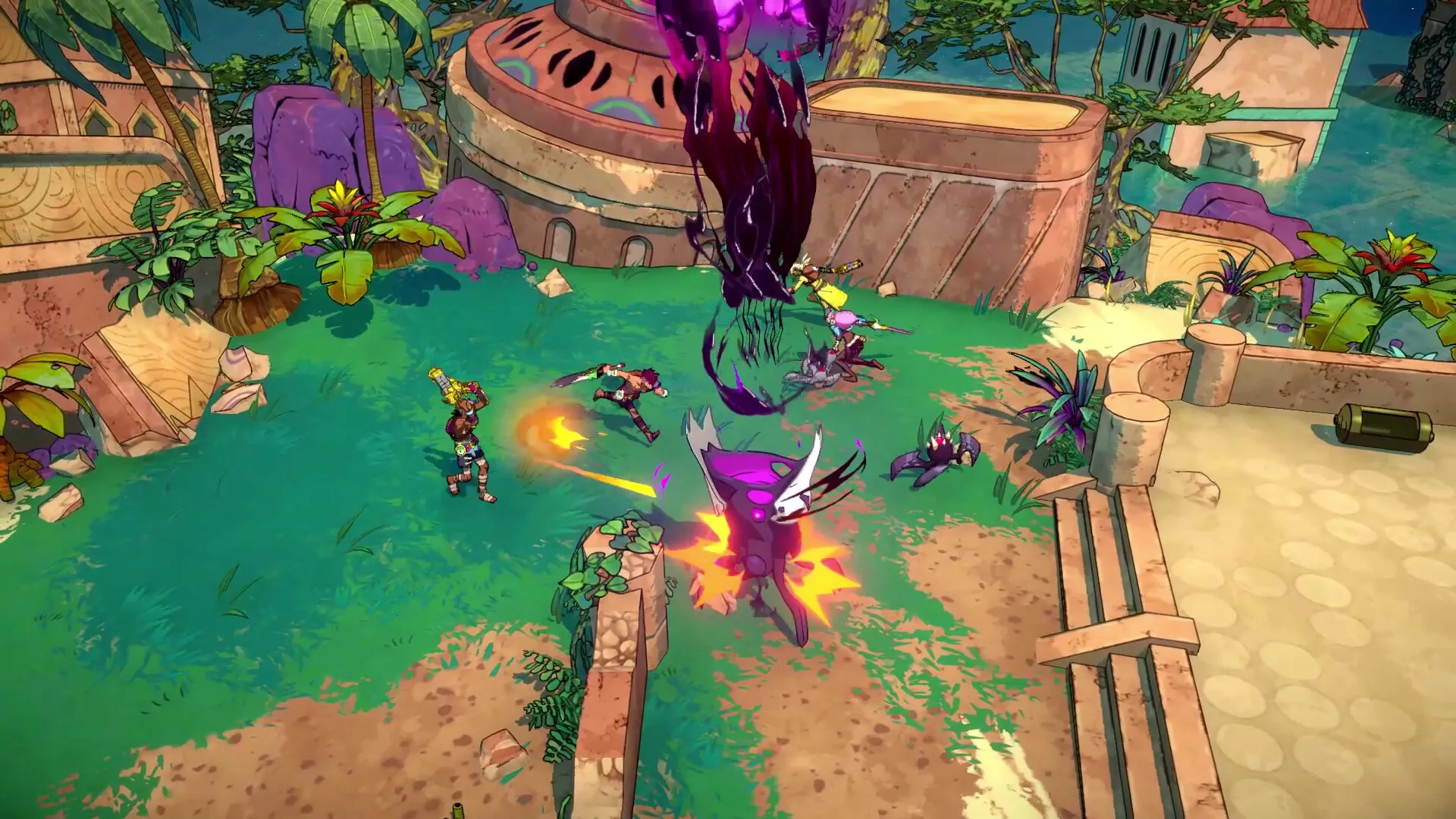 Surfpunk: Intense combat with players battling monsters near ancient ruins in a lush island setting