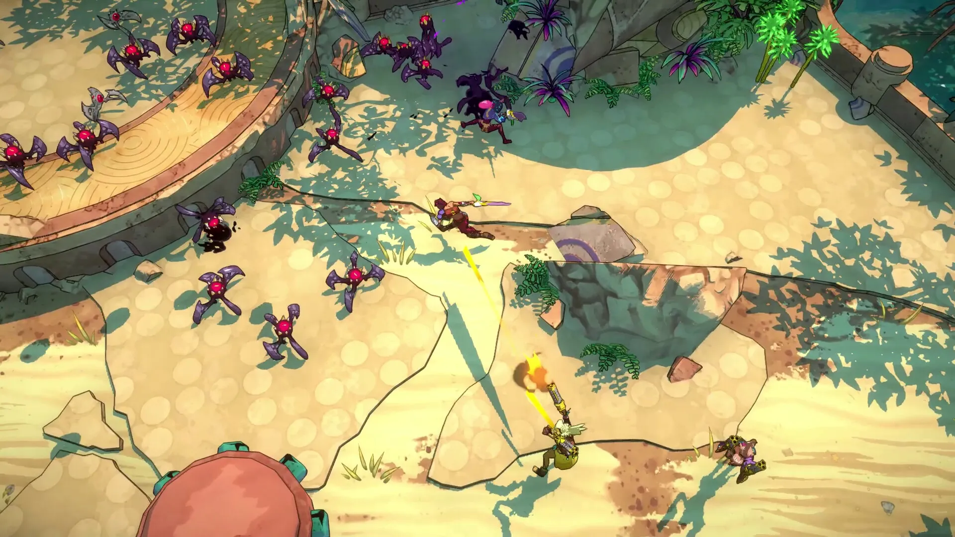 Surfpunk: Players battling robotic creatures on a sandy island with lush vegetation and ancient ruins