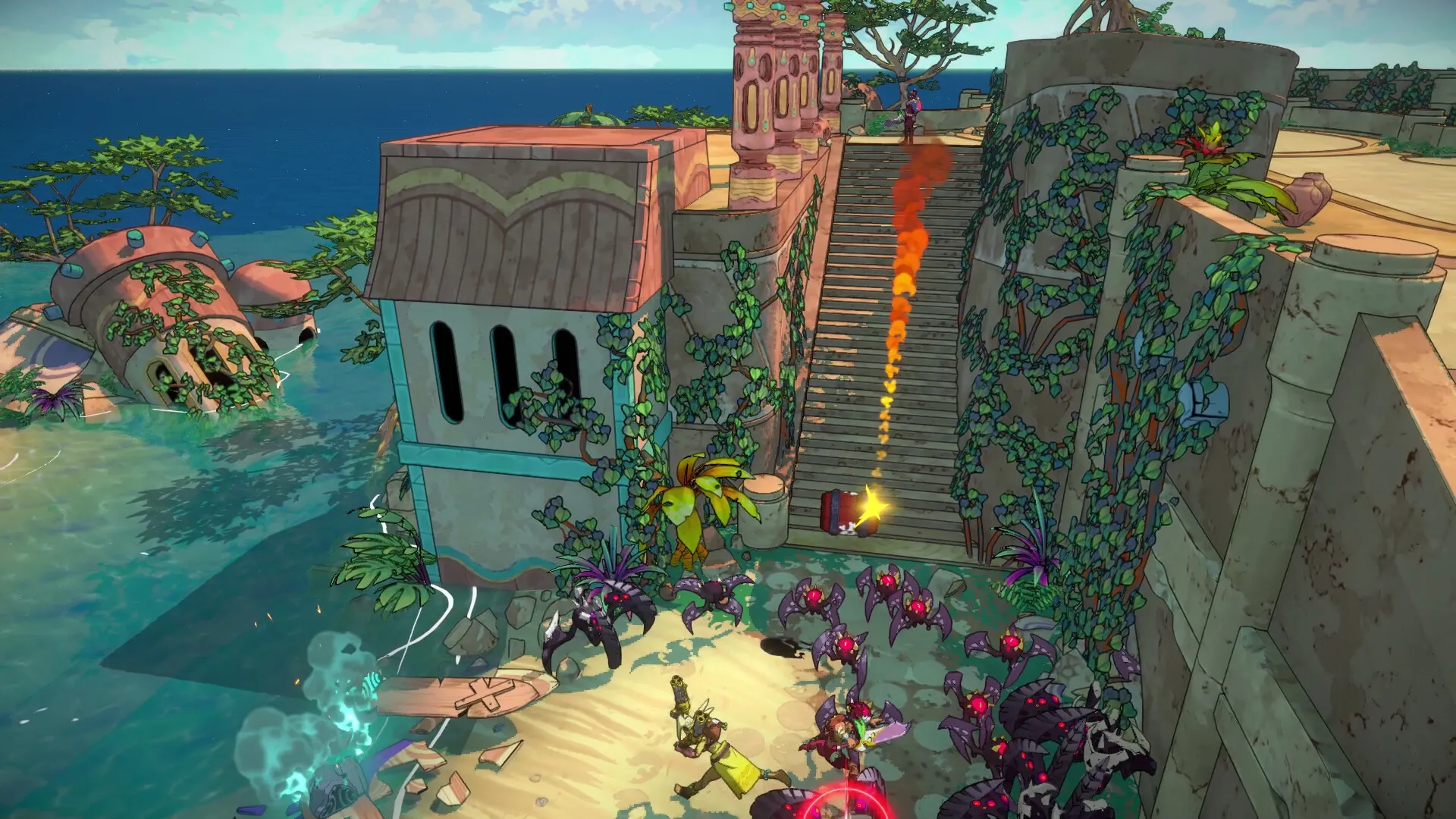 Surfpunk: Player fighting spider-like monsters near overgrown ruins by the sea with stairs and tower.