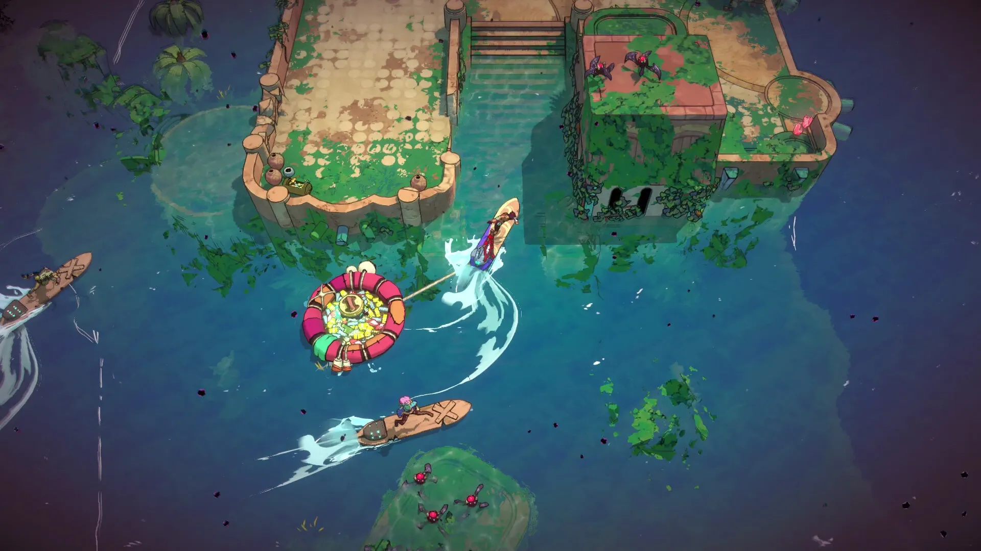 Surfpunk: Players surfing on Rushboards towing treasure raft past overgrown ruins in vibrant waterscape.