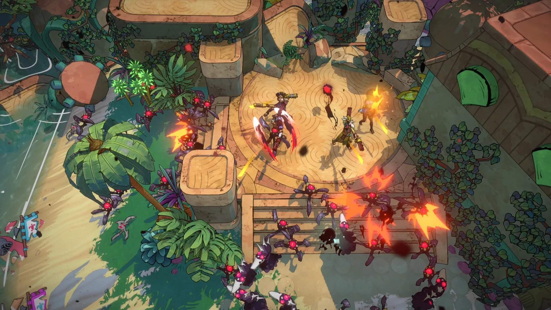 Surfpunk: Top-down battle with players fighting hordes of monsters on a lush, tropical island setting.