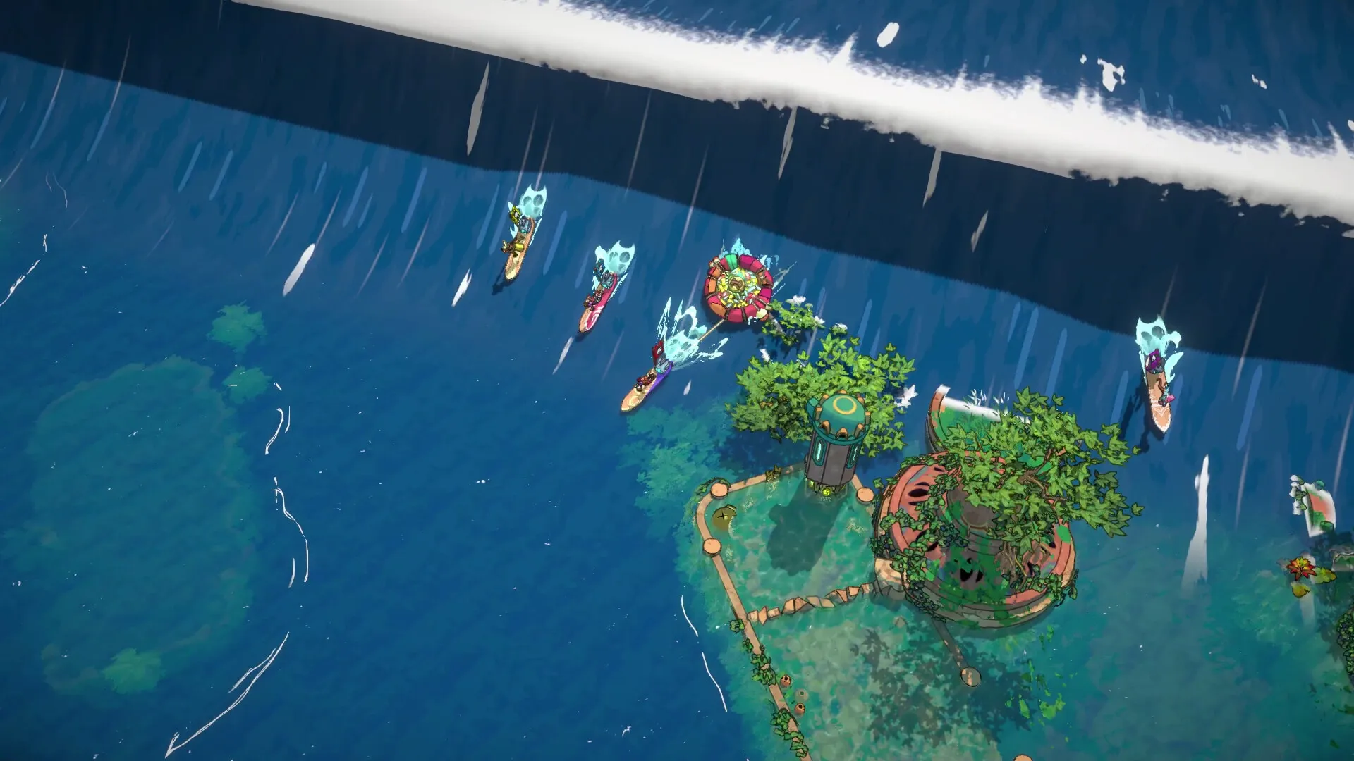 Surfpunk: Players surfing massive wave towards lush island with tech structures and vibrant scenery