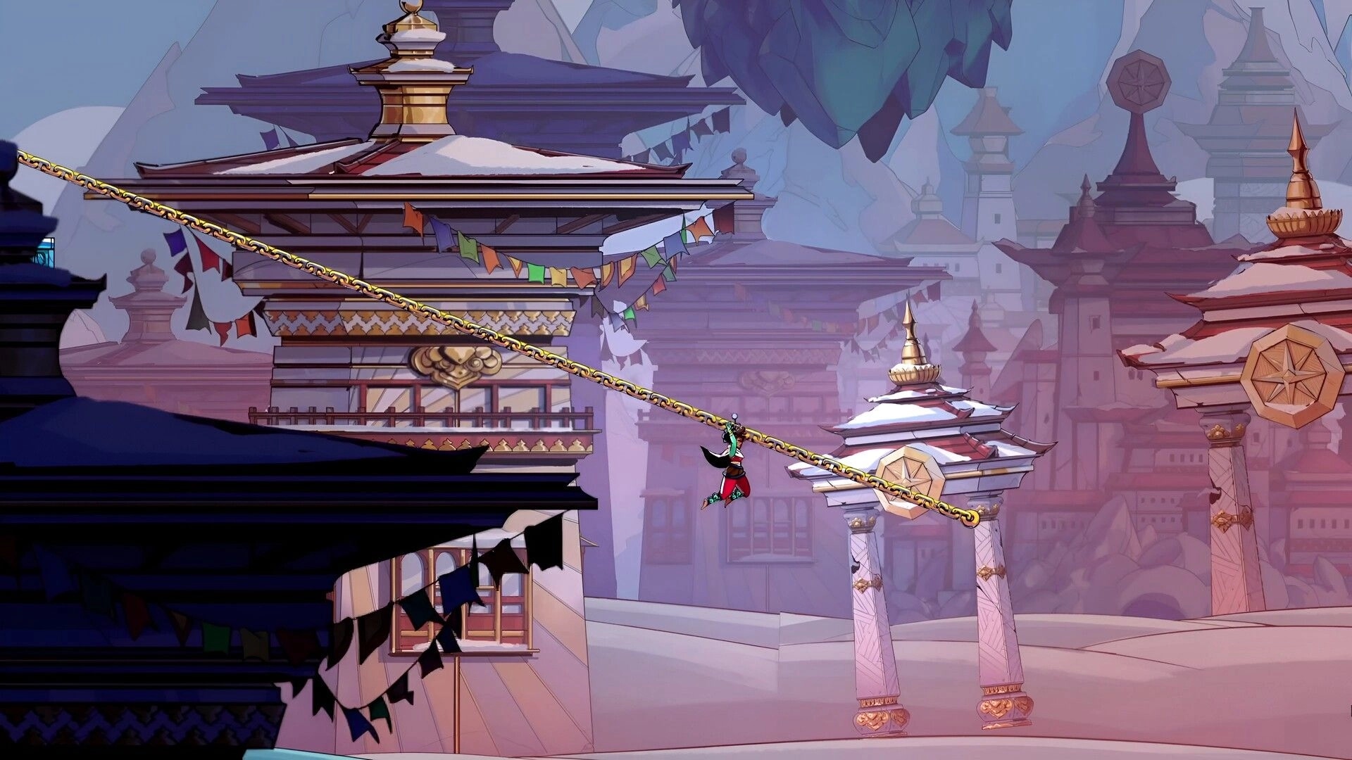 SURI: Player character slides along a golden chain above snowy temple rooftops and prayer flags.