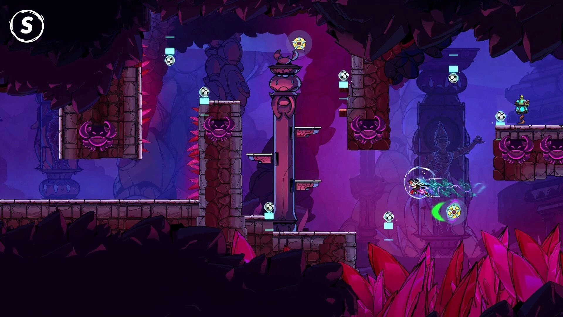 SURI: Player dashes through spike-lined stone platforms with beat orbs in a purple temple cavern.