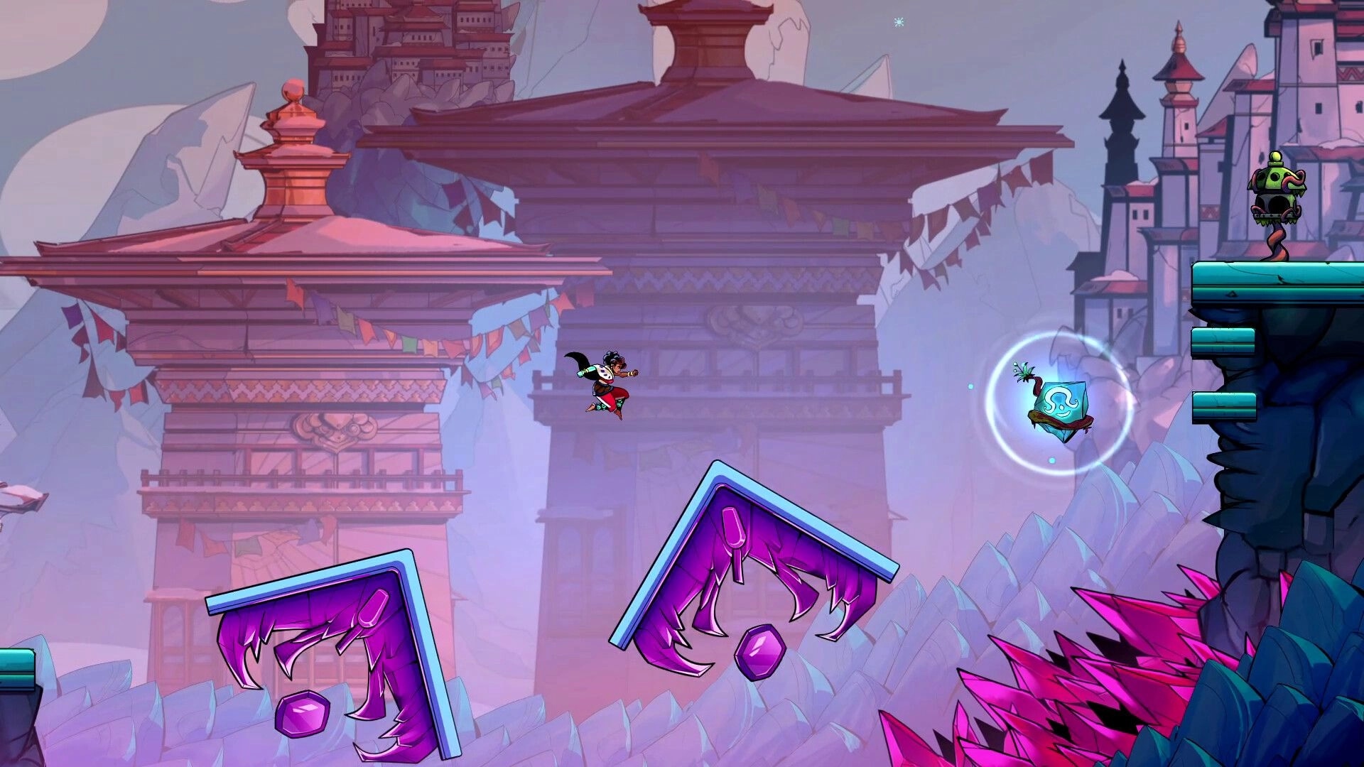 SURI: Hero leaps between floating note platforms toward a glowing cube in misty temple cliffs.