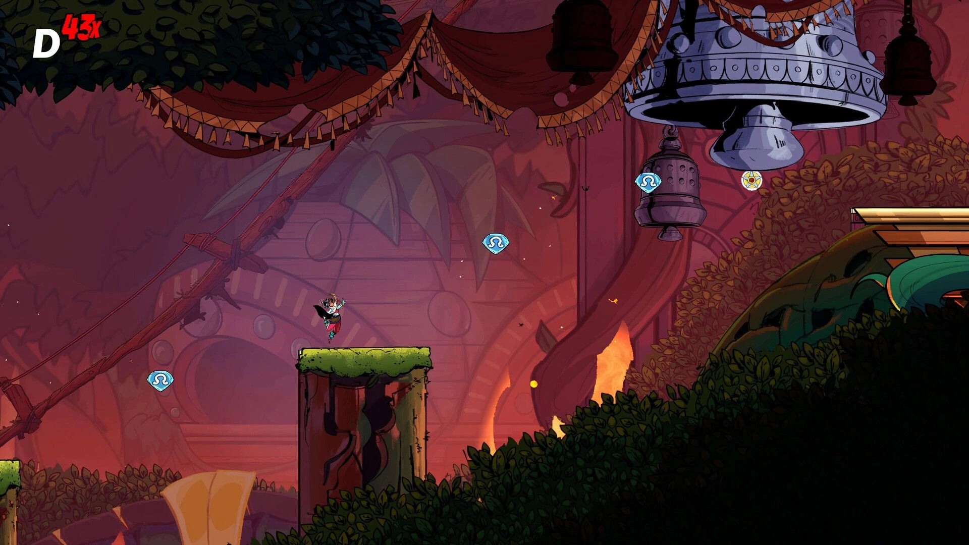 SURI: Player jumps between mossy platforms past floating beat icons in a forest temple with bells overhead.
