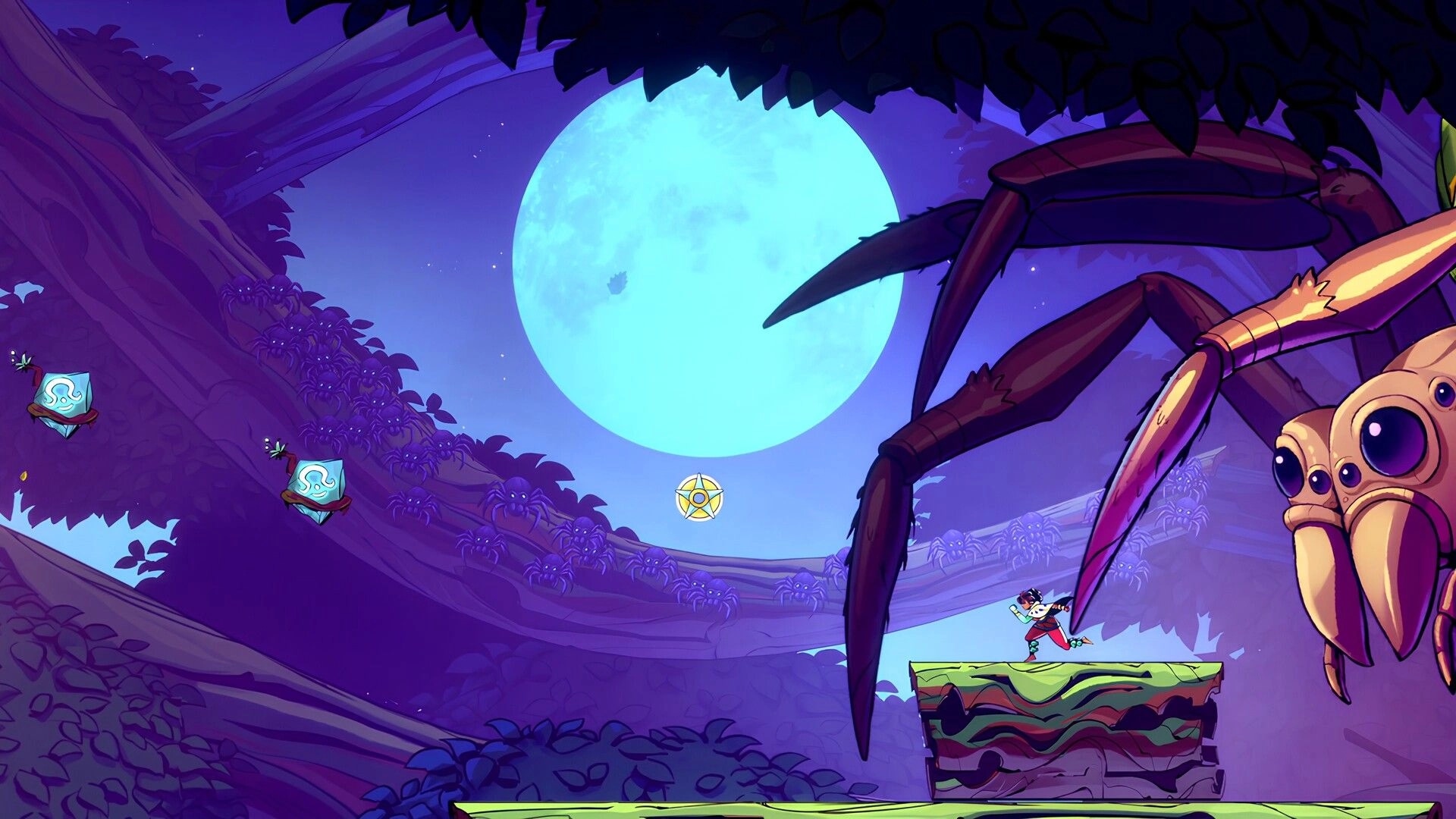 SURI: Runner leaps on a mossy platform as a giant spider looms in a moonlit forest canopy.