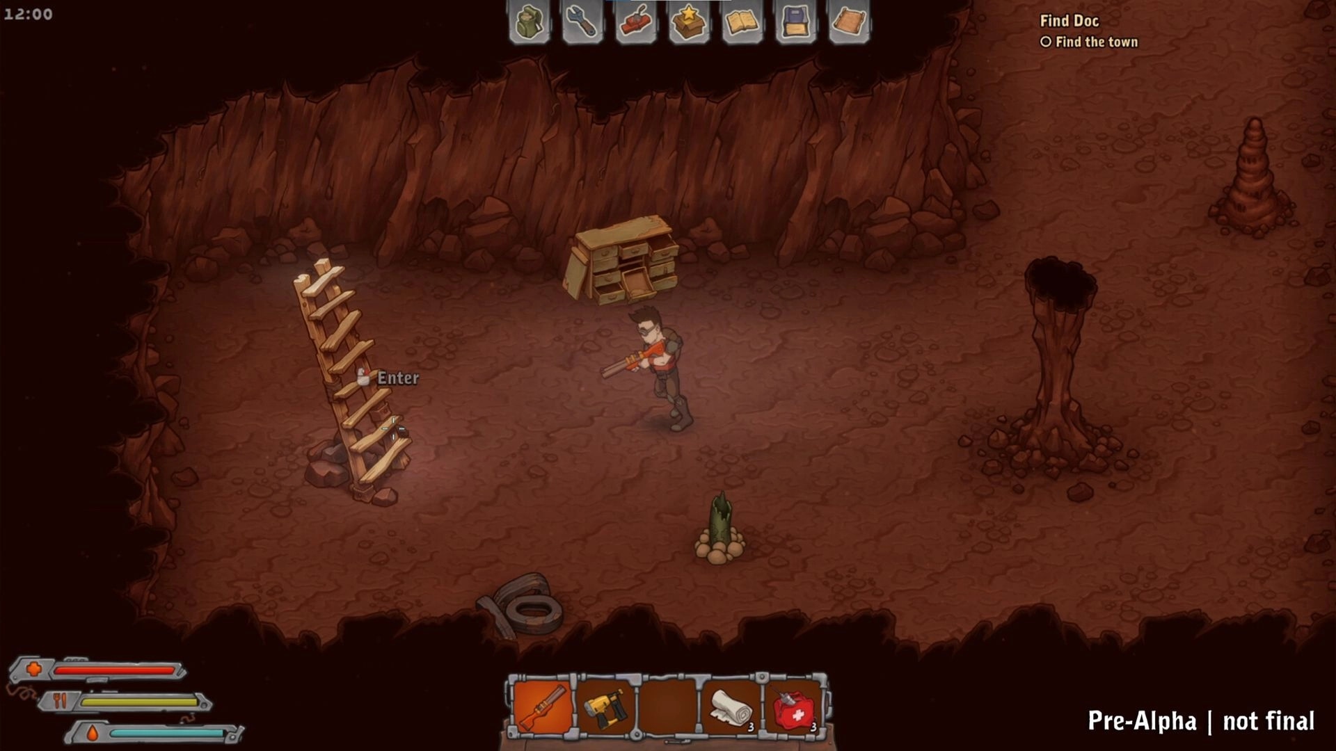 Surviving Deponia: Armed survivor stands near ladder prompt and hotbar in a rocky canyon cave.