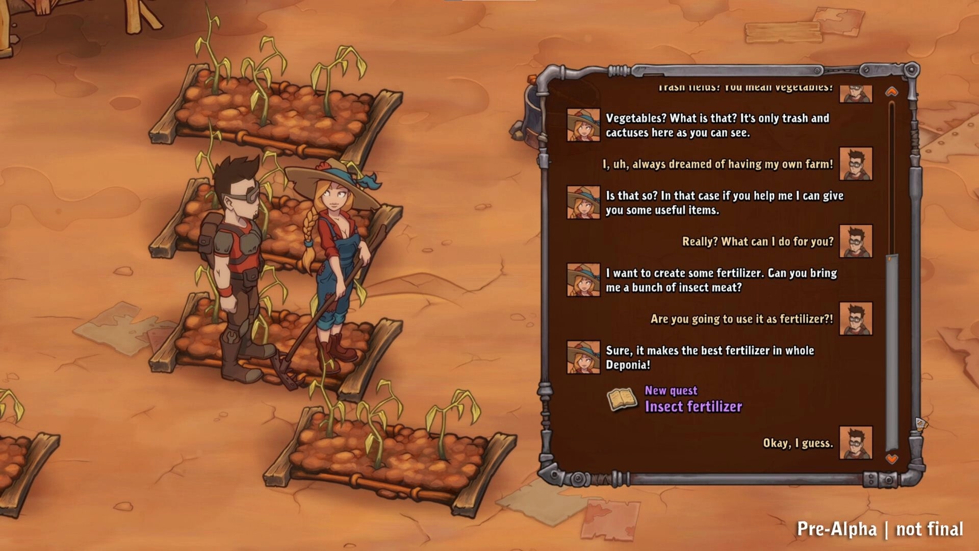 Surviving Deponia: Dialogue quest popup as two characters talk by raised garden beds in desert farm plot.
