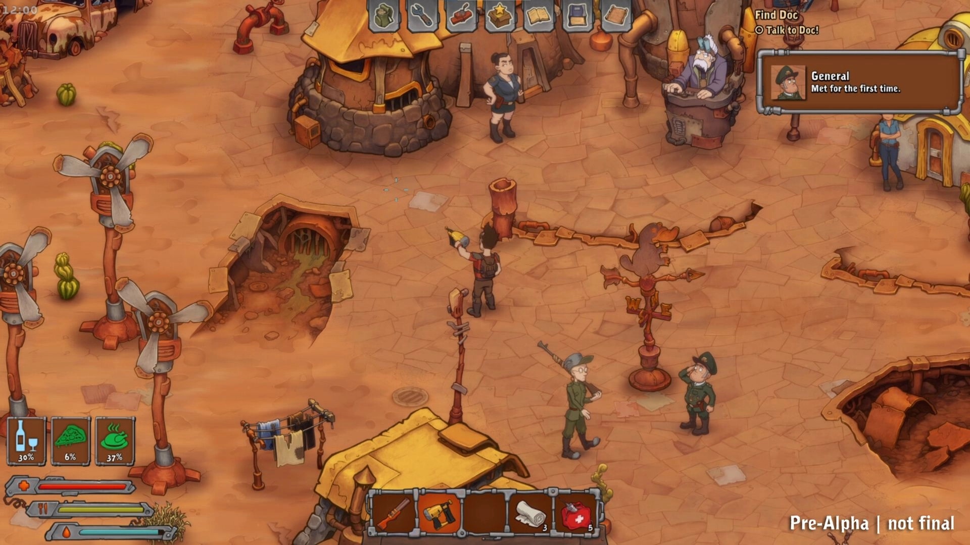 Surviving Deponia: Player aims a gun near NPCs with quest dialogue UI in a dusty scrap town hub.