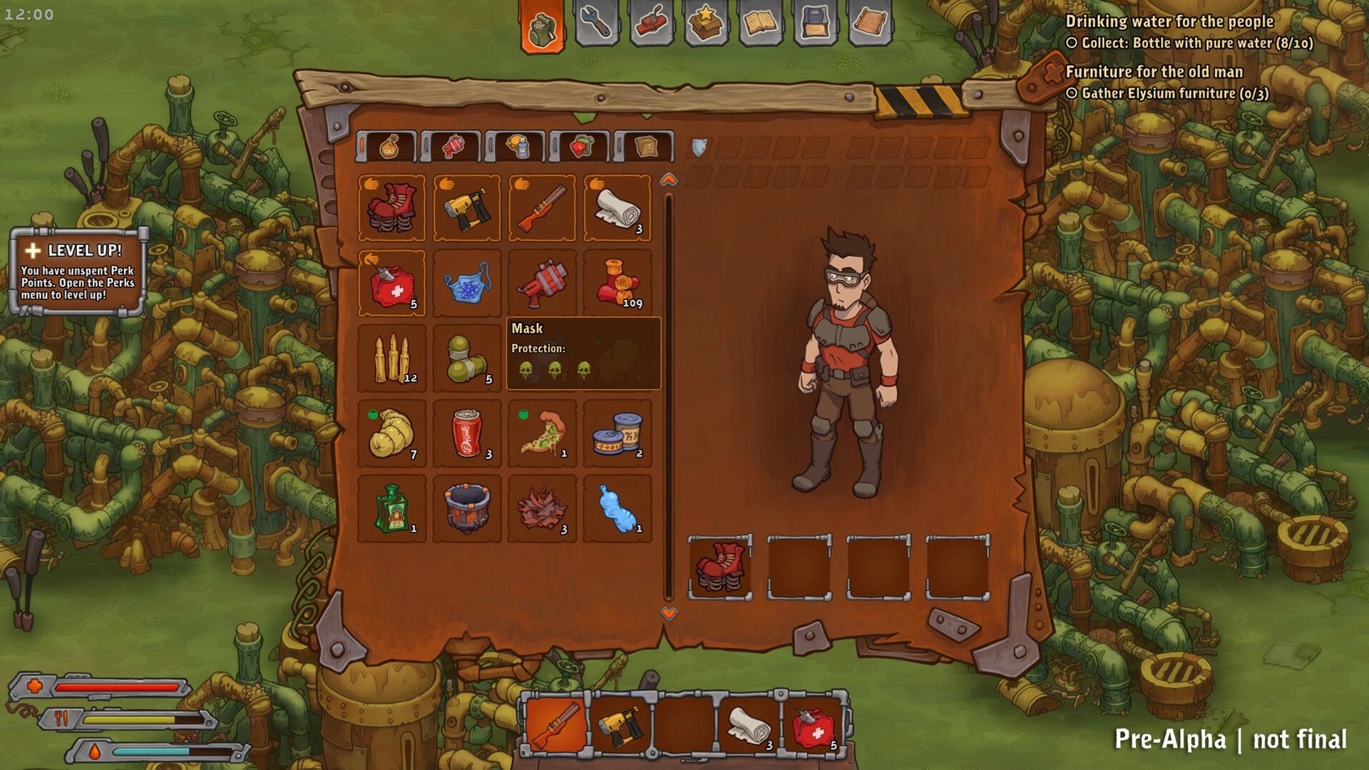 Surviving Deponia: Inventory open with masked survivor and gear slots in a junkpipe wasteland.