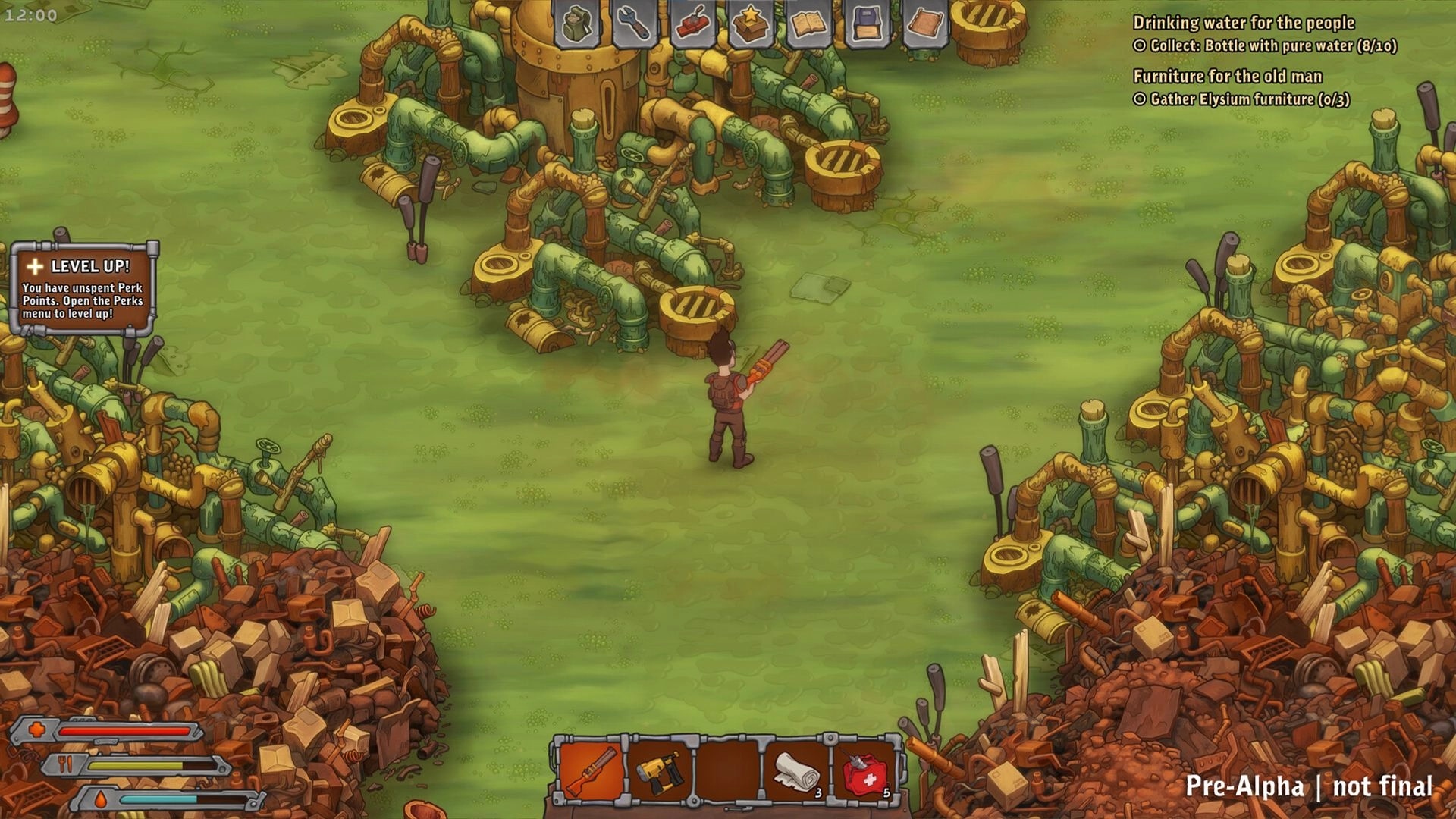 Surviving Deponia: Player with gun near pipe machinery, quests and hotbar UI in junkyard field.