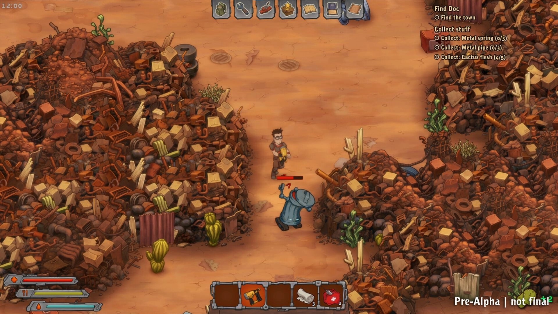 Surviving Deponia: Player attacks a trash-can robot on a junkyard path with quest list UI visible.
