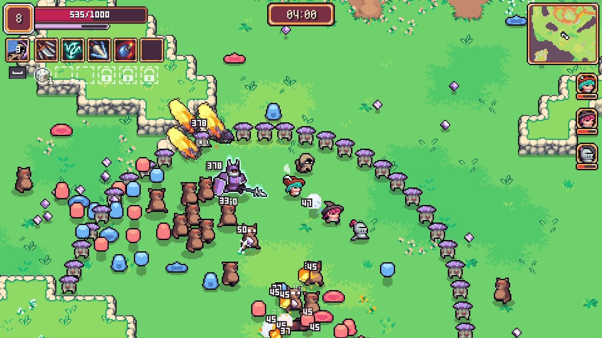 Survivors Guild: Player characters battle hordes of colorful monsters on a grassy field with UI elements.