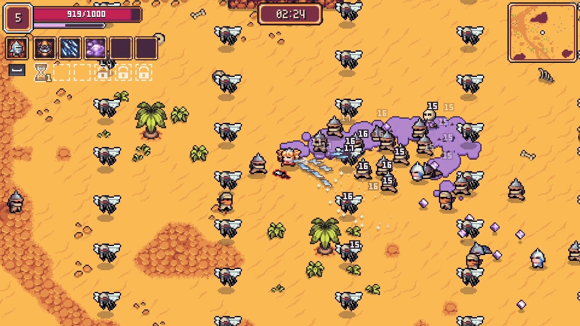 Survivors Guild: Character battles insects in desert with health bar, abilities, and timer displayed