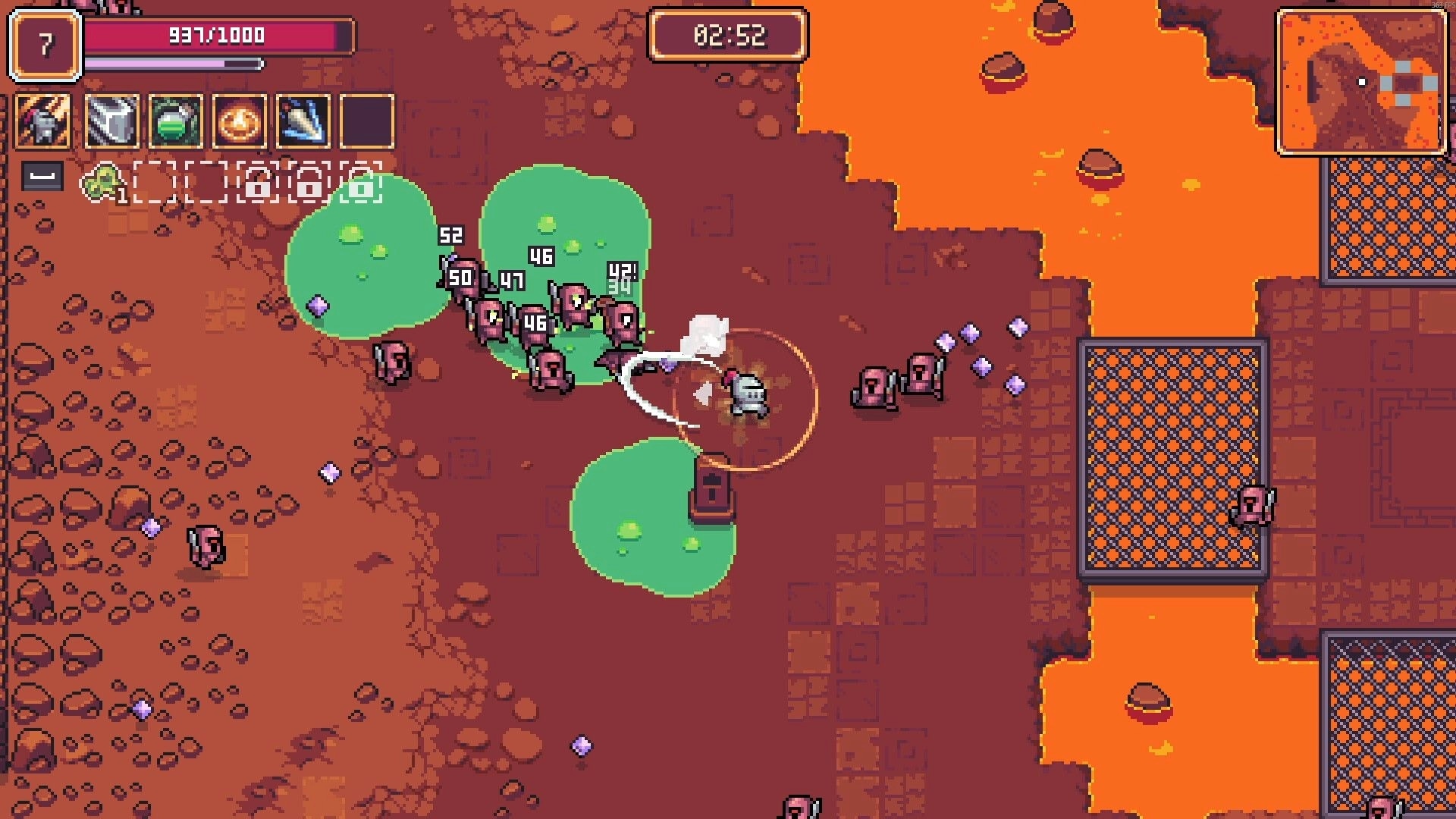 Survivors Guild: Knight battles monsters in lava terrain with health bar and item slots visible