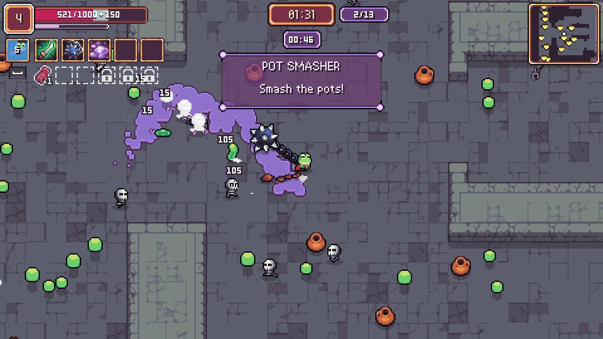Survivors Guild: Player combat in dungeon with health bar, abilities, and pot smasher quest active