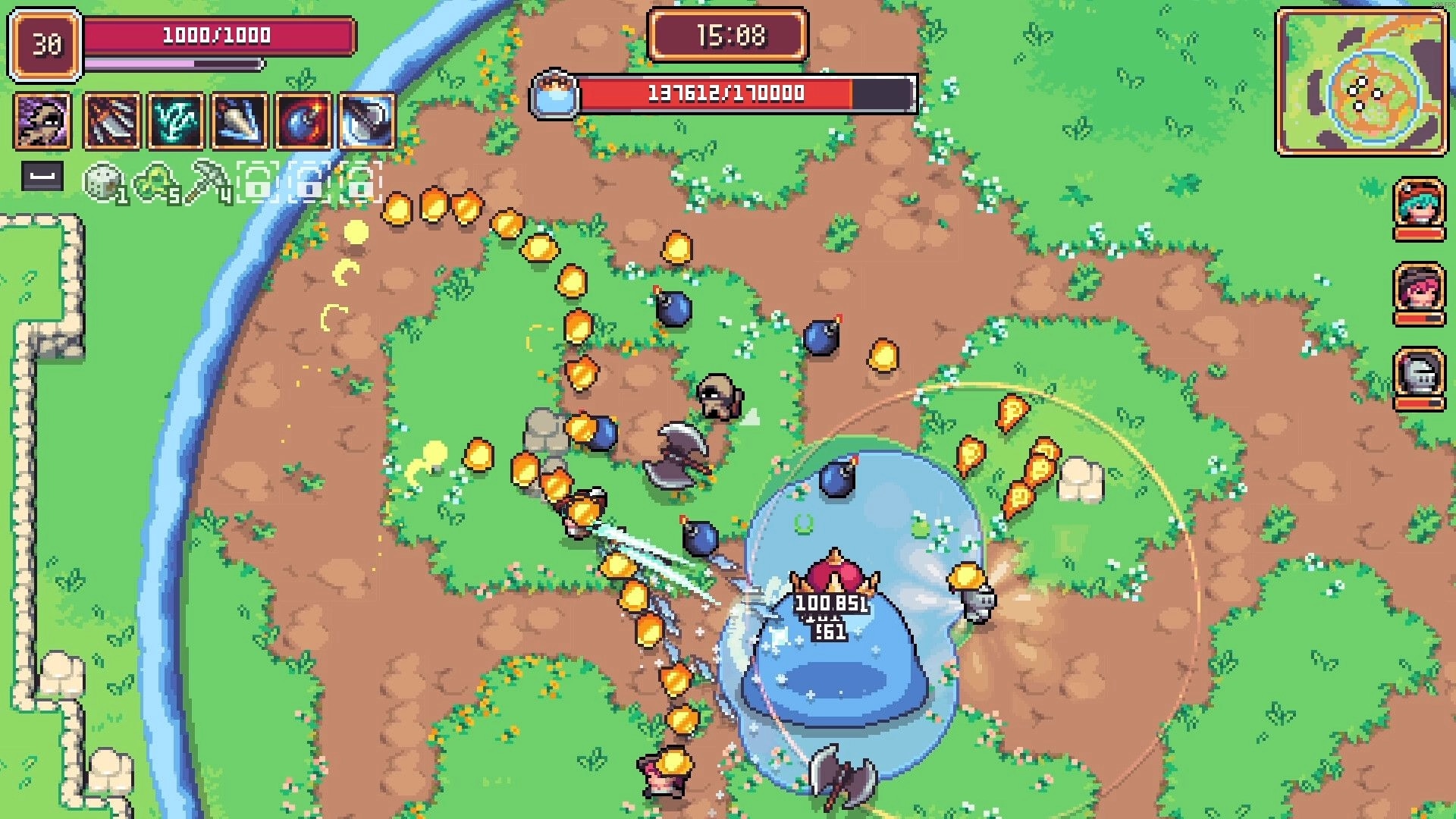 Survivors Guild: Player battling giant slime boss with axe in grassy outdoor area, health bar displayed.