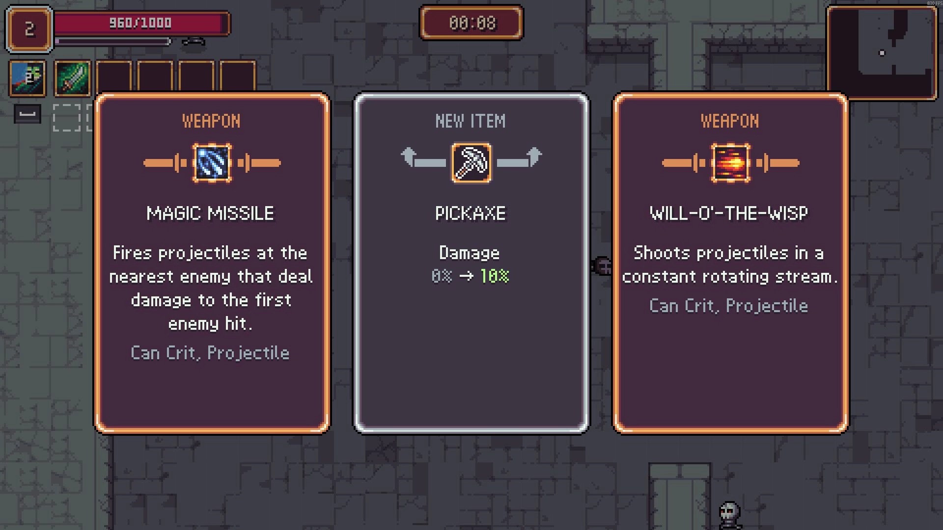 Survivors Guild: Weapon selection menu with Magic Missile, Pickaxe, and Will-o'-the-Wisp options.