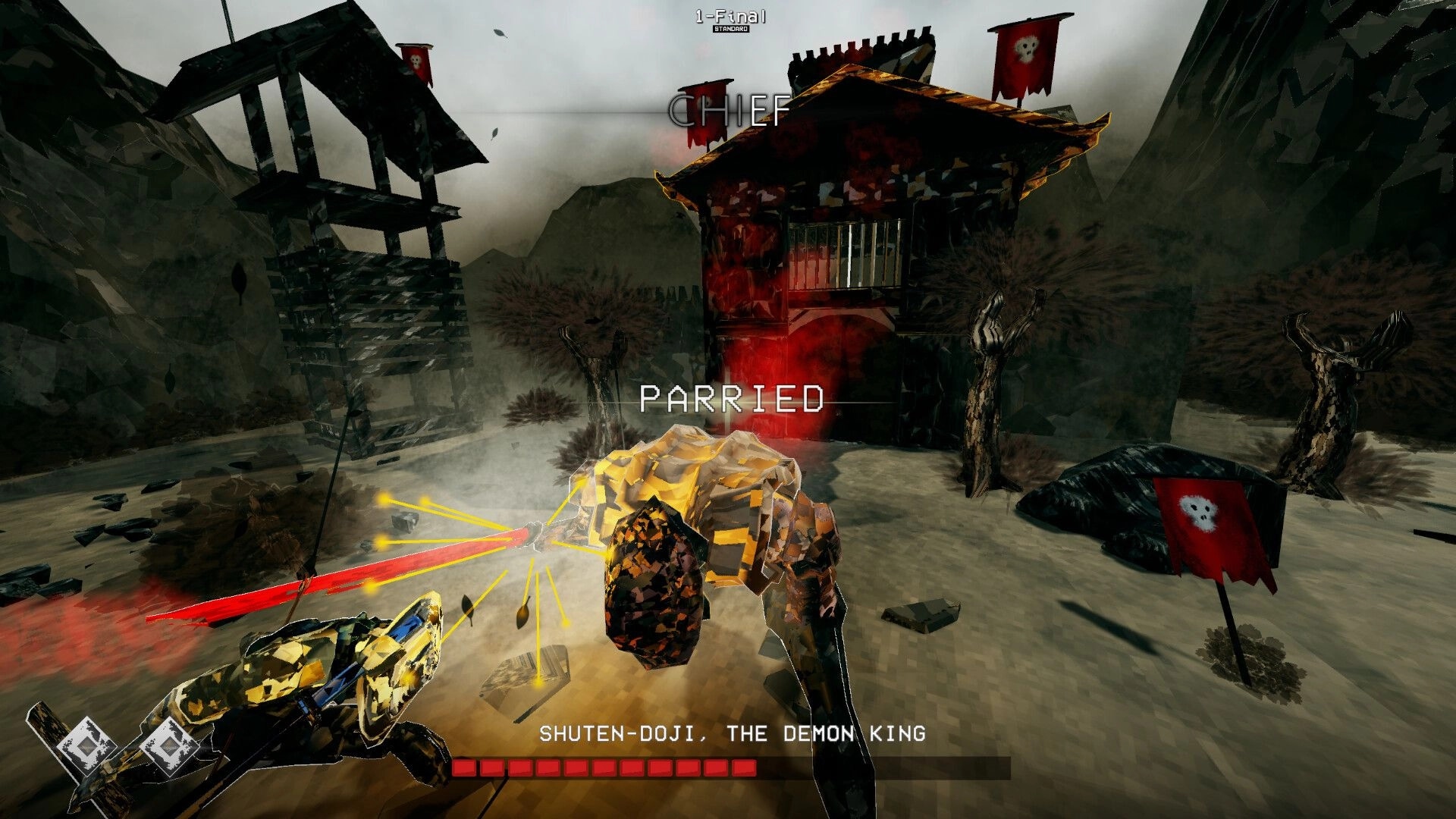Susanoo: Parried strike against Shuten-Doji boss in ruined courtyard with CHIEF banner UI.