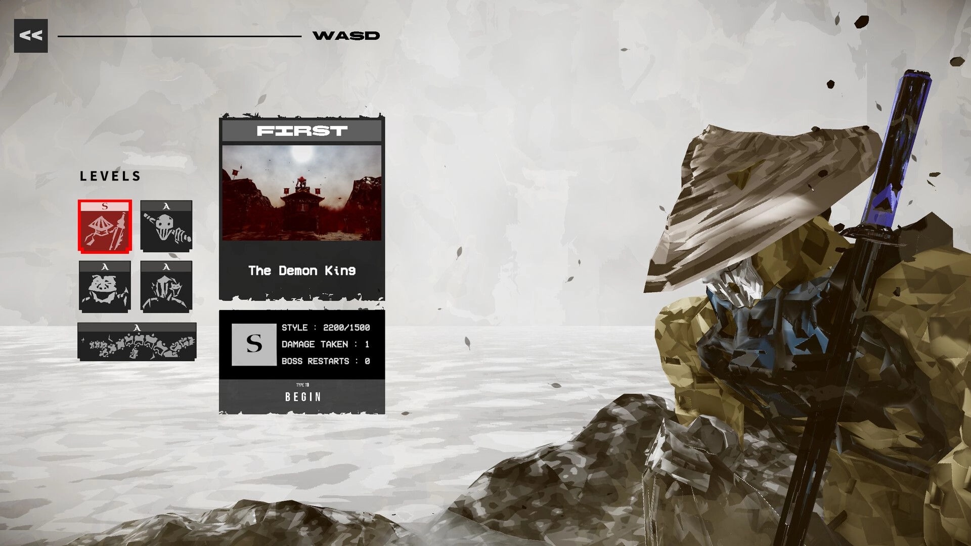 Susanoo: Level select menu for The Demon King with S rank stats beside a crouched samurai in snow.