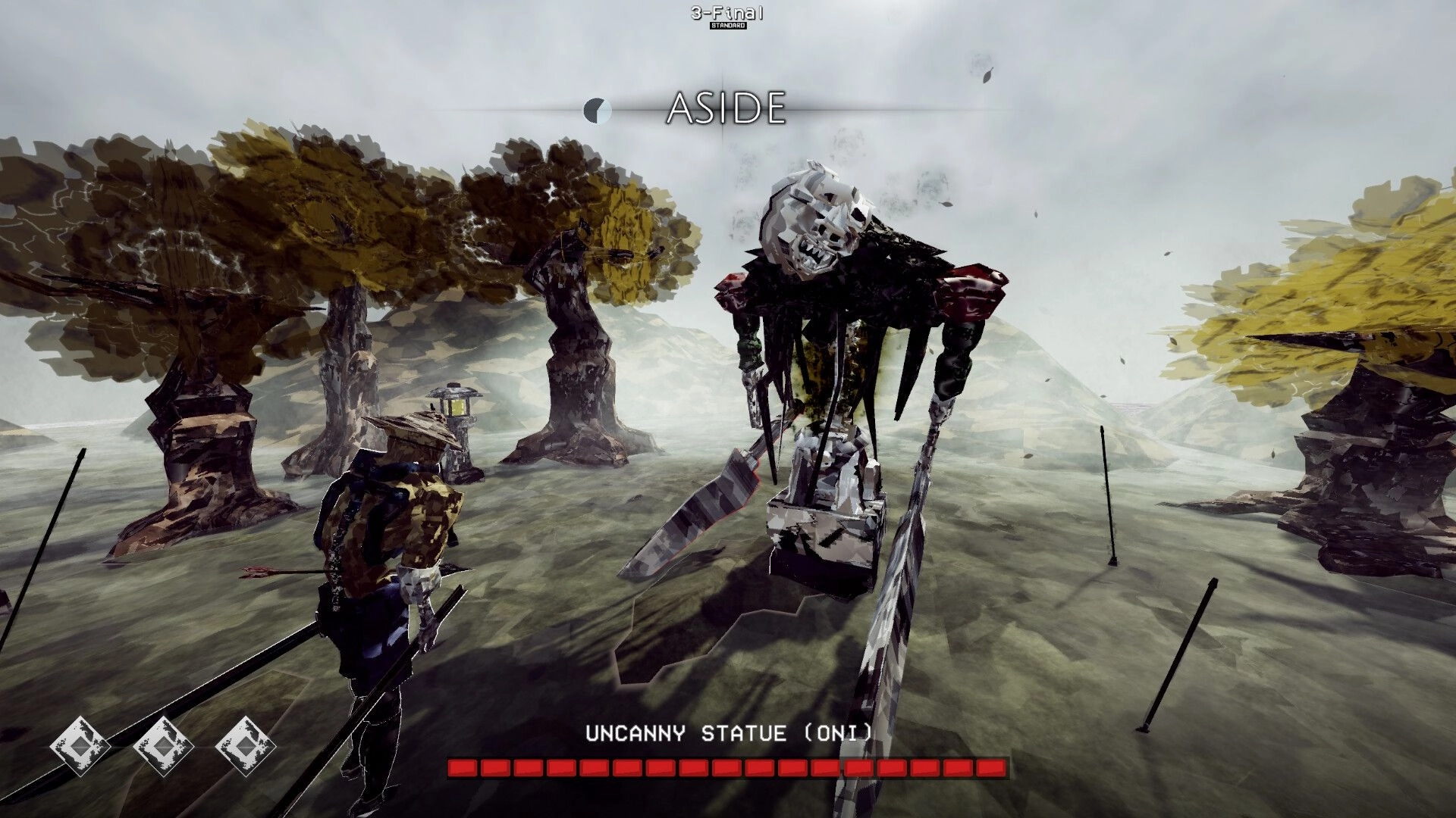 Susanoo: Player faces Uncanny Statue (Oni) boss in misty grove, ASIDE prompt and red HP bar.