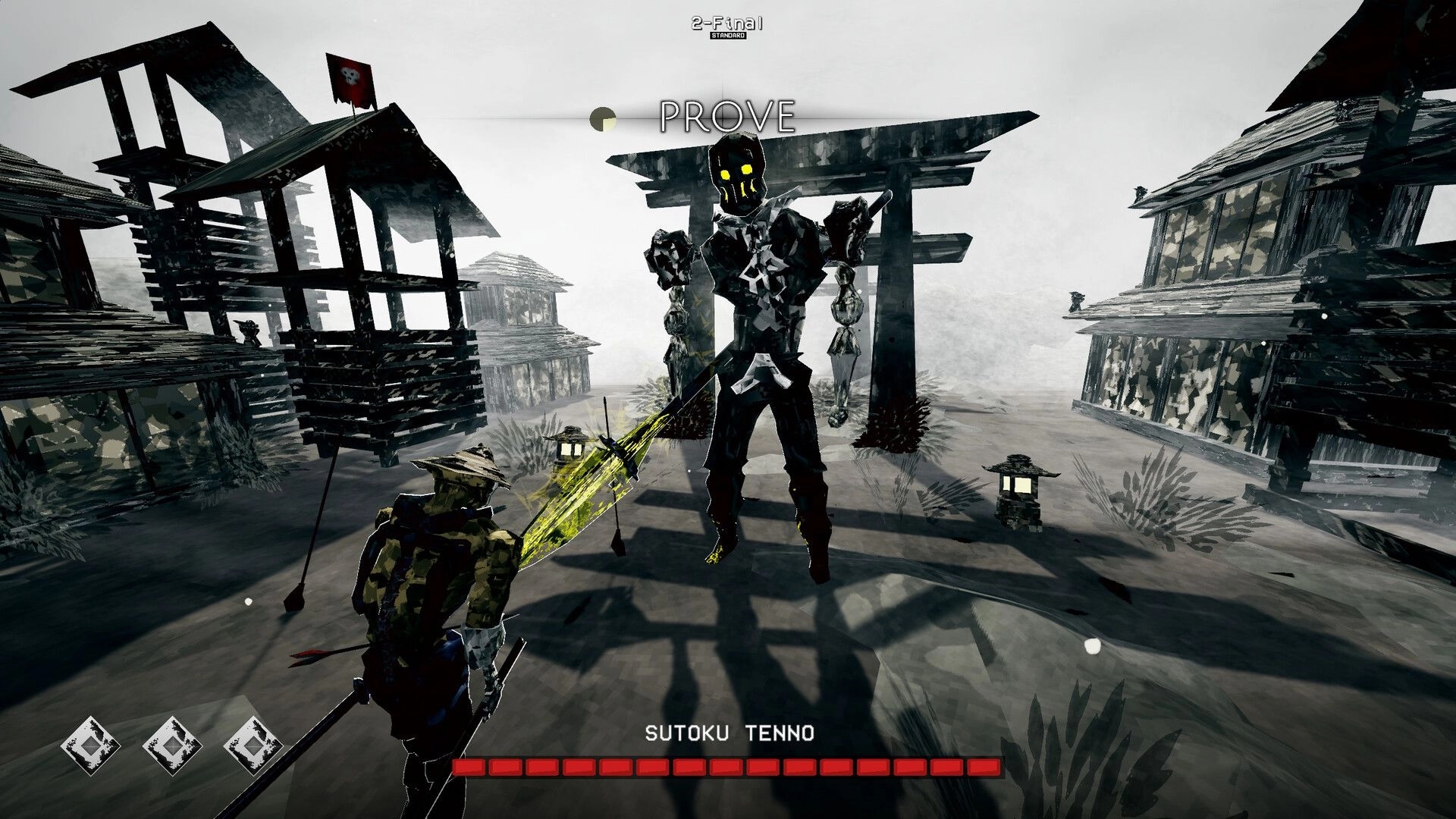 Susanoo: Player faces Sutoku Tenno boss as PROVE prompt appears in foggy shrine village arena.