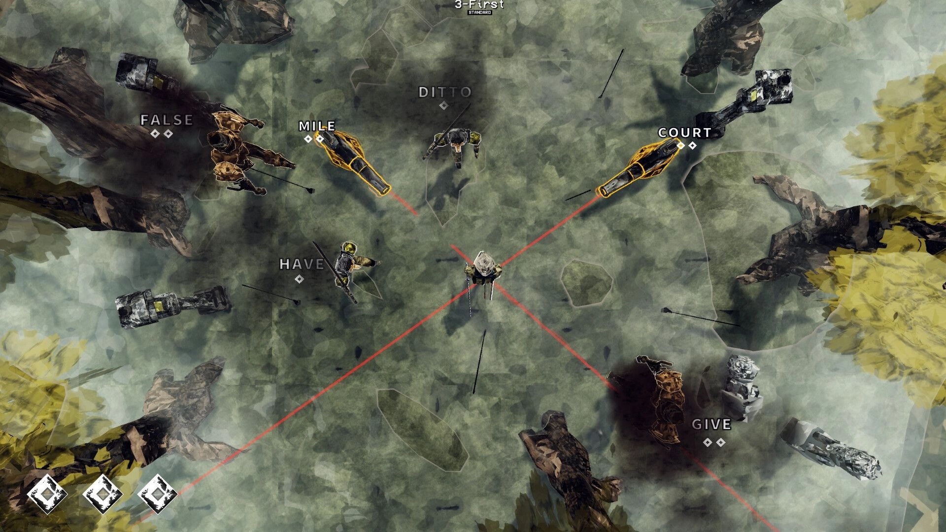 Susanoo: Top-down firefight with word prompts and red laser sights on a rocky arena map.