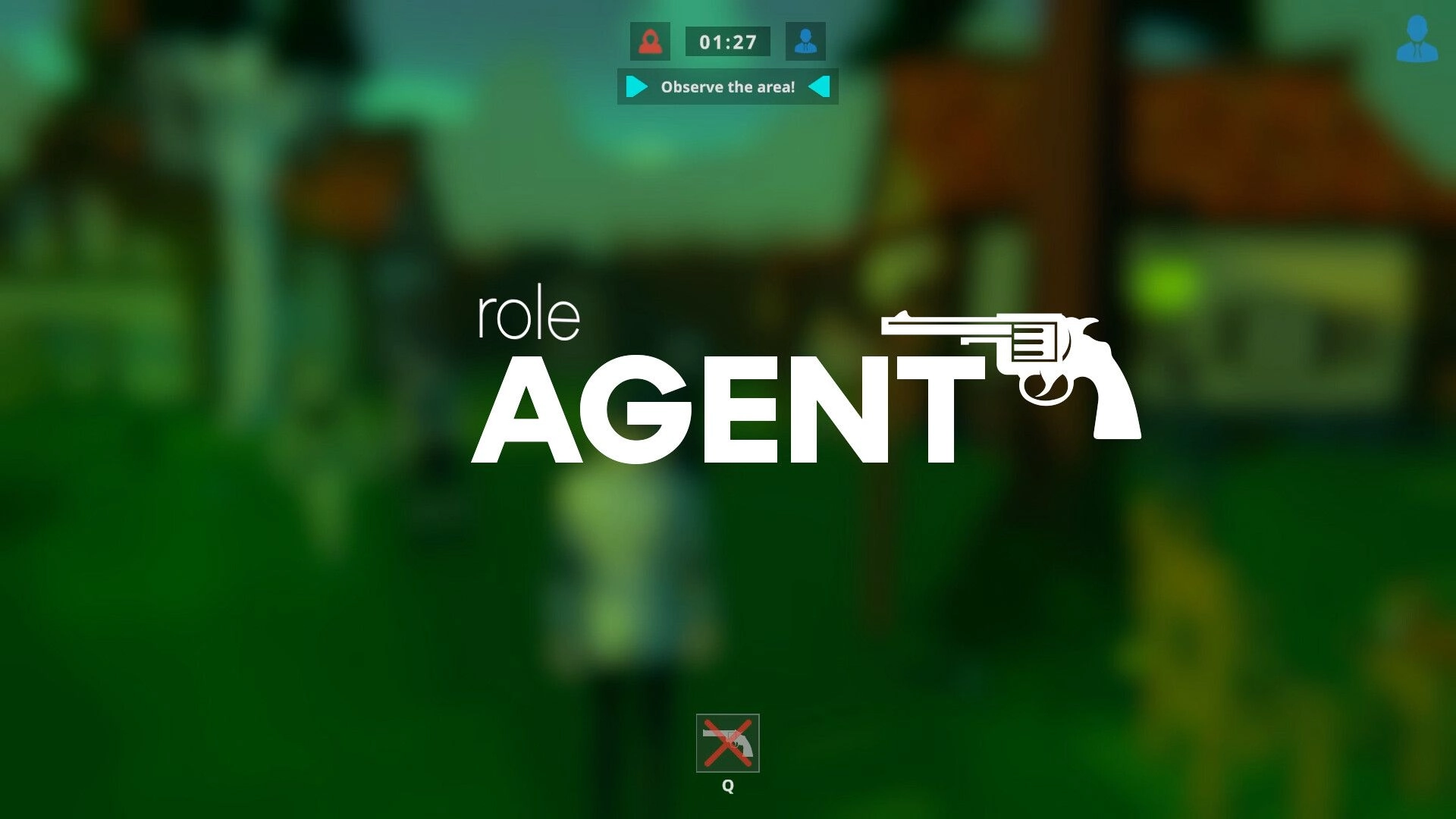 SUSPECTO: Agent role screen with timer and observe command in village environment