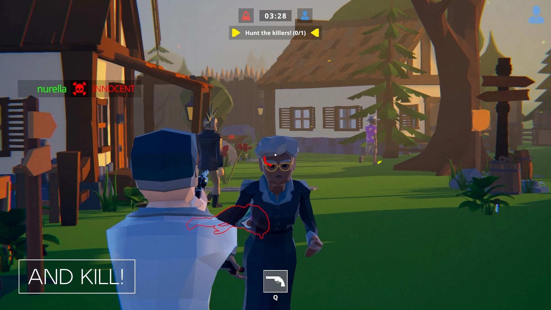 SUSPECTO: Player targets "nurella" with gun in village, timer at 03:28, task: Hunt the killers (0/1)