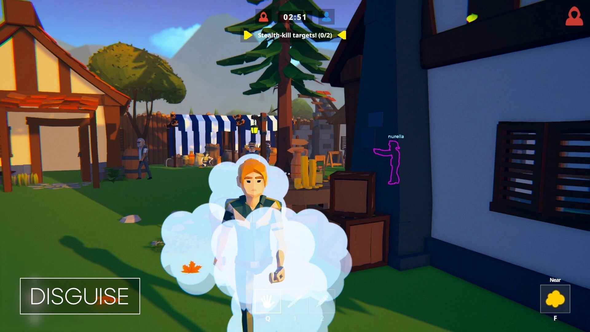 SUSPECTO: Character in disguise with smoke effect near buildings and a timer with stealth objectives