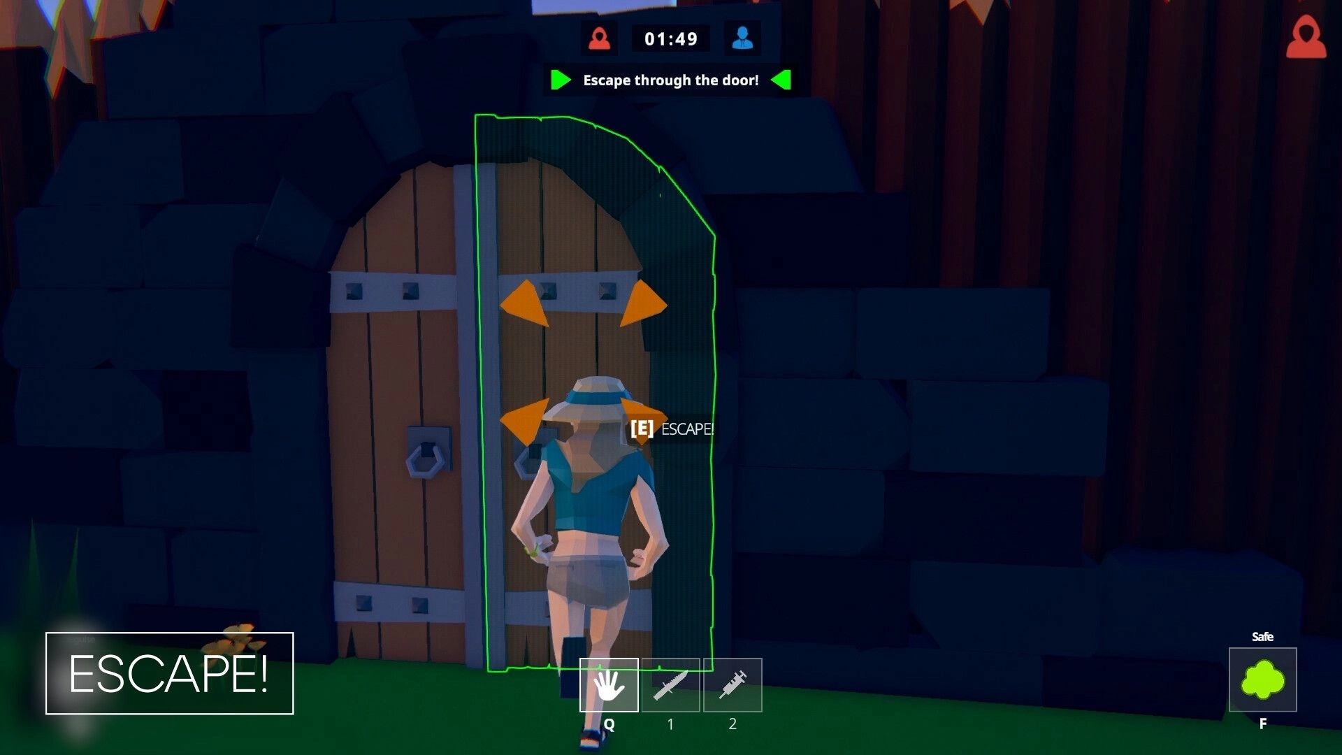 SUSPECTO: Player character approaches wooden door to escape, timer and escape prompt visible on screen.