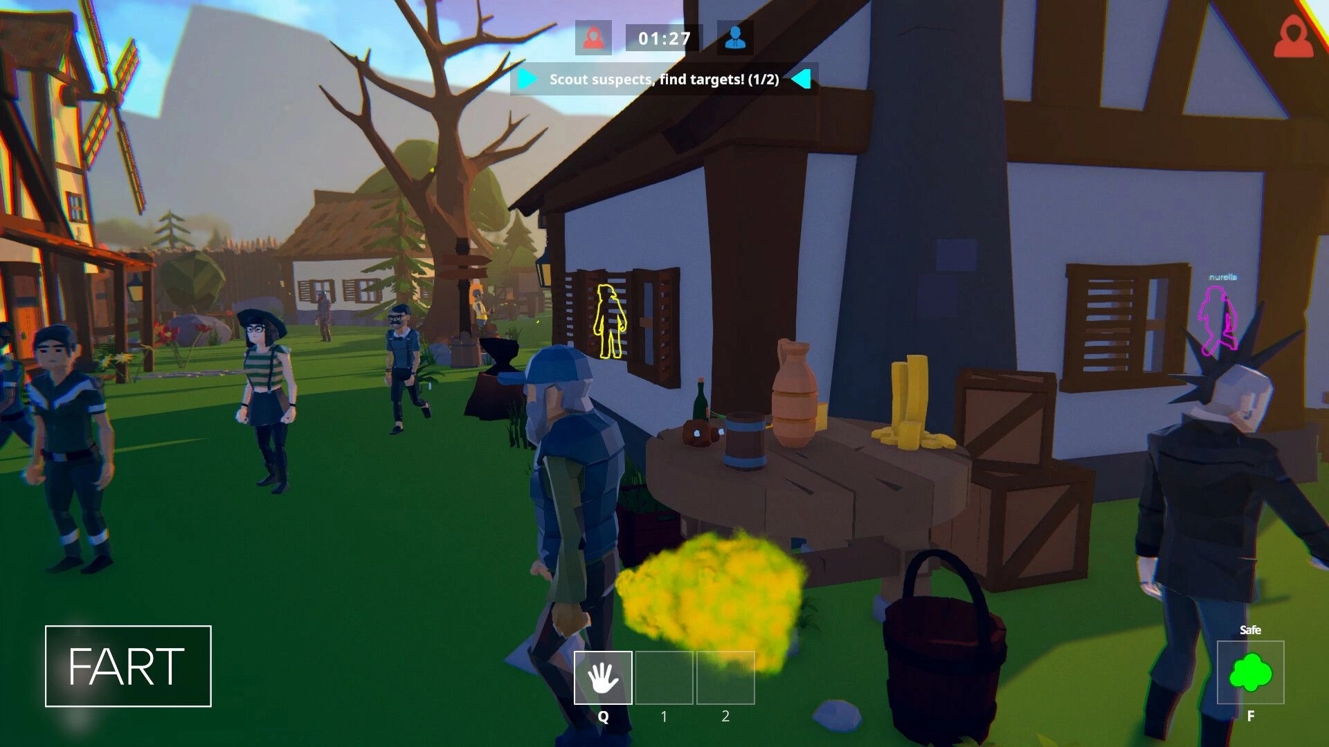 SUSPECTO: Player releasing gas near house while scouting suspects in a village setting with timer visible.