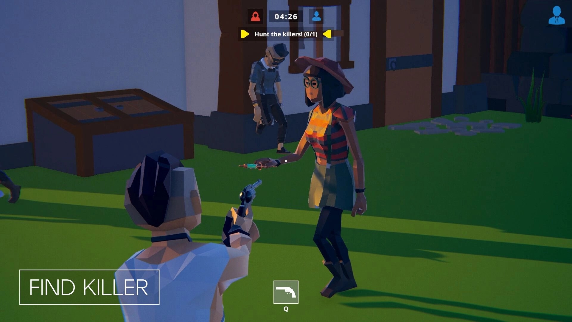 SUSPECTO: Player aiming gun at character with syringe in backyard, timer and objective HUD visible